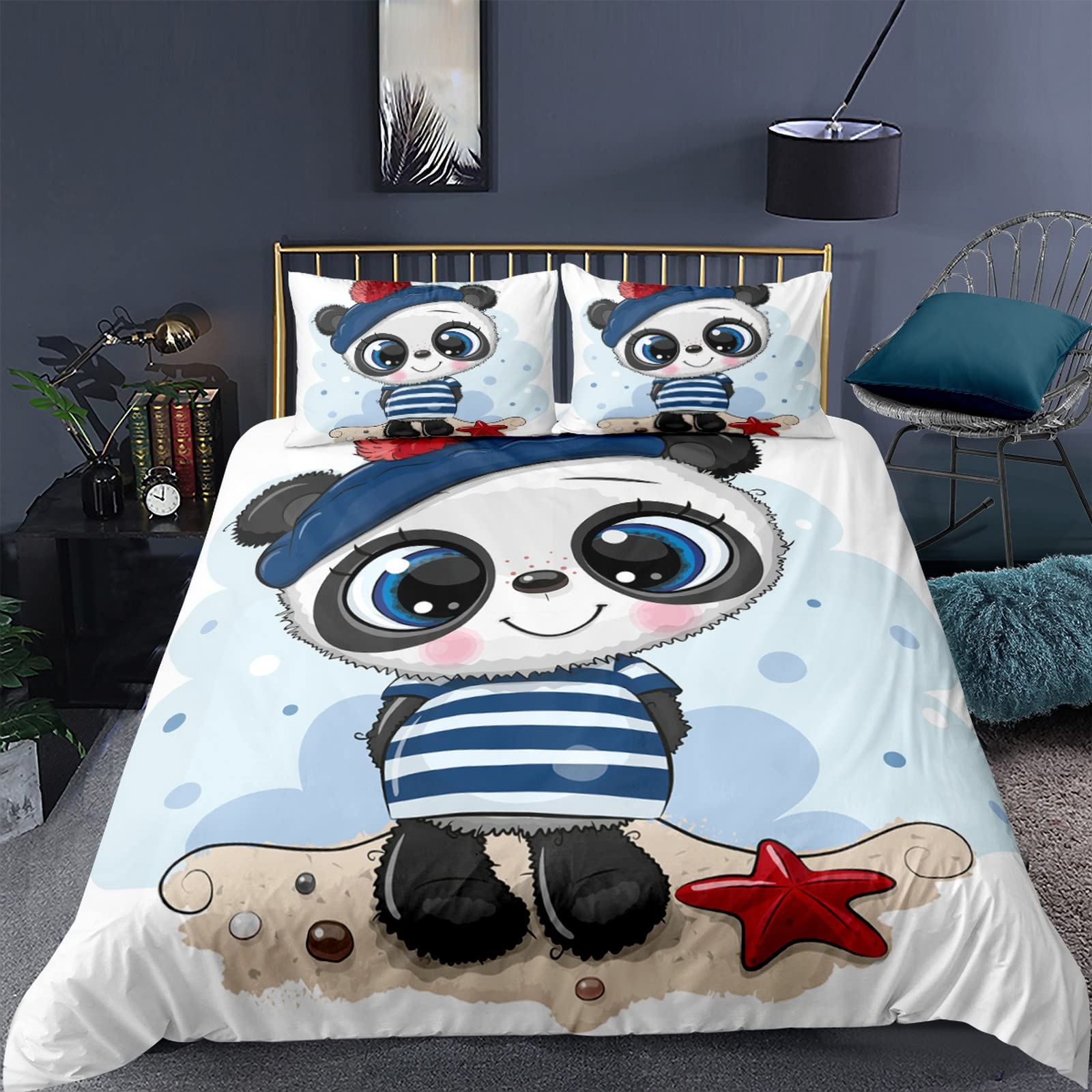 Ropa De Cama Infantil 150X220 Cm Panda De Dibujos Animados De Animales 3D Imprimiendo Funda Nórdica Y 2 Fundas De Almohada De Anti-Humedad, Anti-Ácaro, Suave Y Cómodo Antialérgico Cuidado Fácil