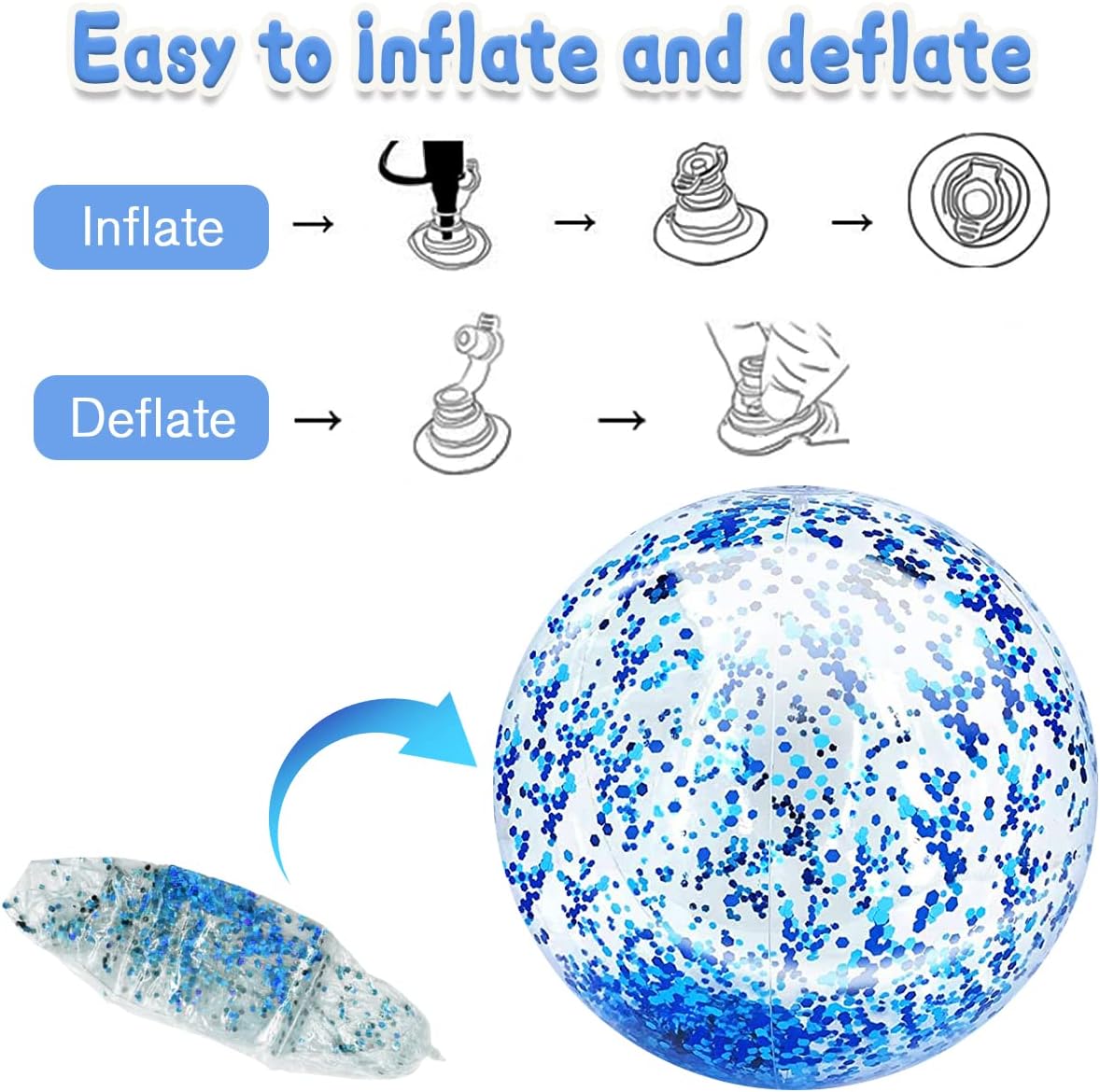 Inflatable Beach Ball, 16’’ Glitter Beach Balls Confetti Beach Balls for Outdoor Summer Beach Pool Party Favor for Kids Adults 6 Pack (Blue&Gold) : Toys & Games