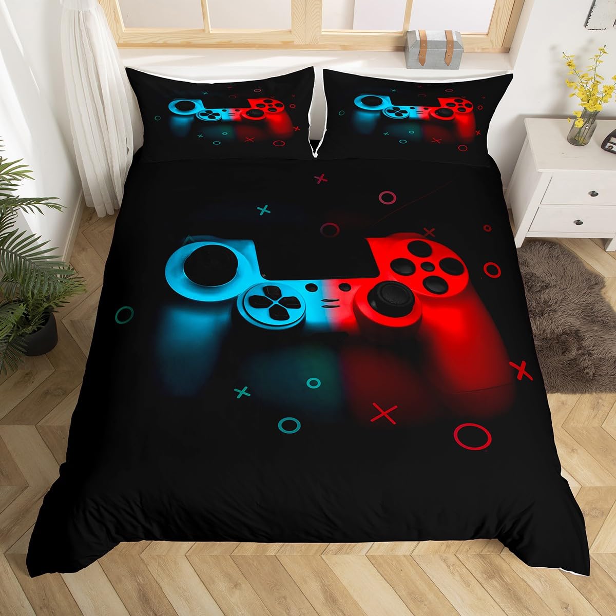 Gamer Duvet Cover for Boys&girls,Gaming Comforter Cover Double,Cool Games Gamepad Bedding Set Teen Game Room Decor Bed Cover,Video Game Controller,Modern Gradient Soft Red&Blue Bedclothes with Zipper