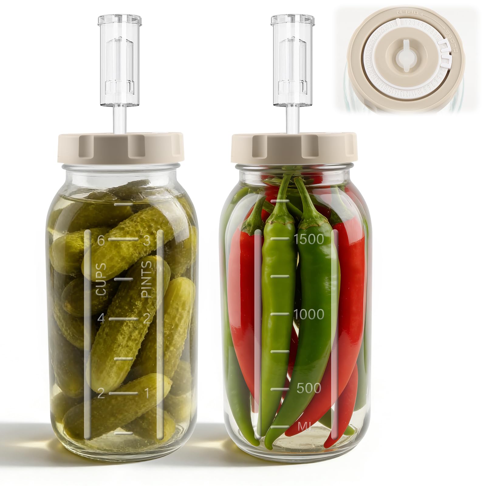 2 tarros de fermentación de 2 litros con indicador de fecha y cierre hermético - Perfecto para chucrut, kimchi, kombucha (paquete de 2)