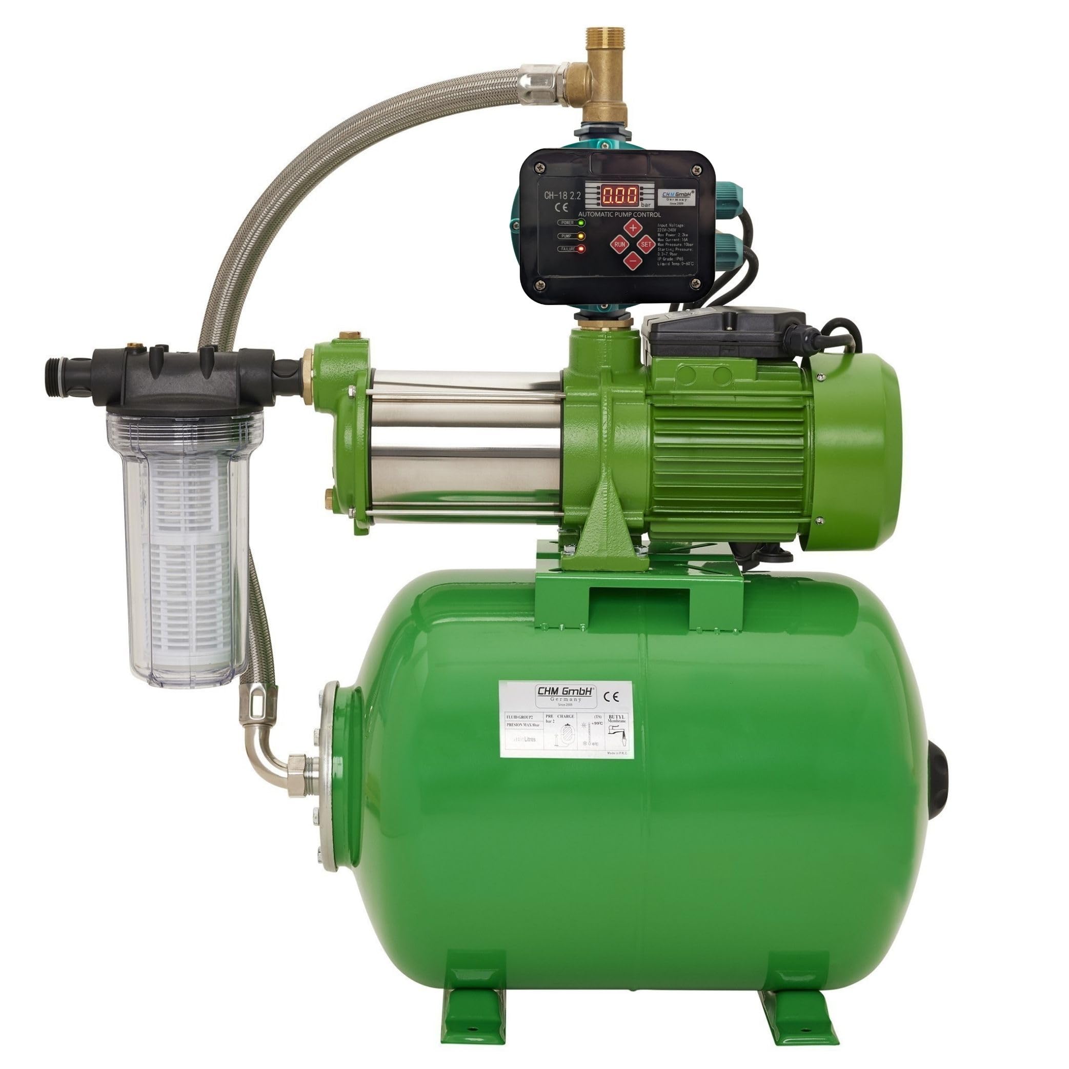 Hauswasserwerk 50 L 10.000 L/h Gartenpumpe Edelstahl 2100 Watt 7,8 Bar einstellbarer Druckschalter/Trockenlaufschutz
