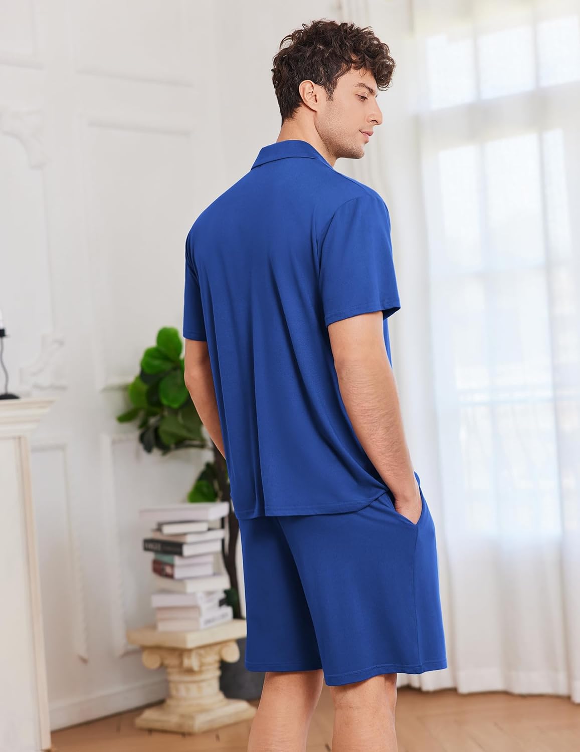 Ekouaer Mens Pajamas Set Short Sleeve Sleepwear Button Down Soft Loungewear 2 Piece Pj Shorts Sets with Pockets - Image 2