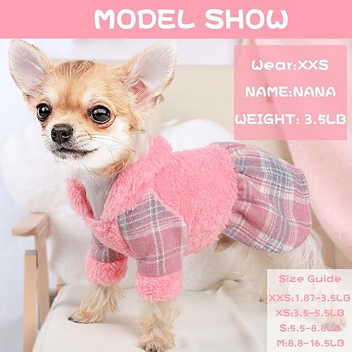 Miniatura 3 de Vestido de invierno para perro, lindo suéter de forro polar cálido con capucha para perros pequeños, vestidos de cachorro a cuadros rosados, ropa