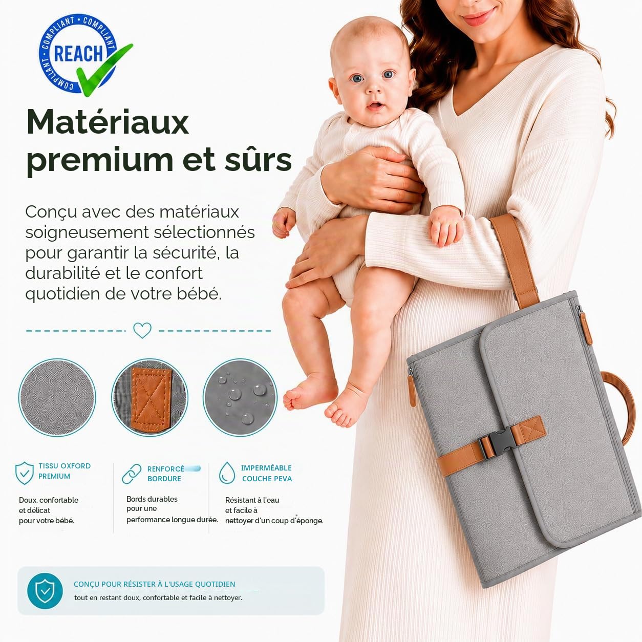 Sac à langer Baby Doyli Voyage XL | Matelas à langer pliable | Gris | 6 pockets for diapers, wipes, and keys with a harness to hang anywhere easily