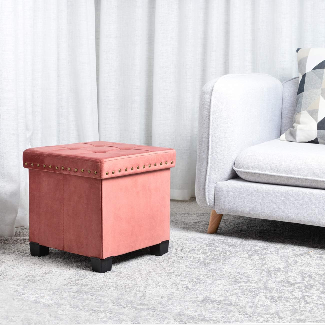 KINWELL Foldable Storage Ottoman, Velvet Tufted, Cubes Footrest, Rest Seat, Removable Lid Tufted,Pink