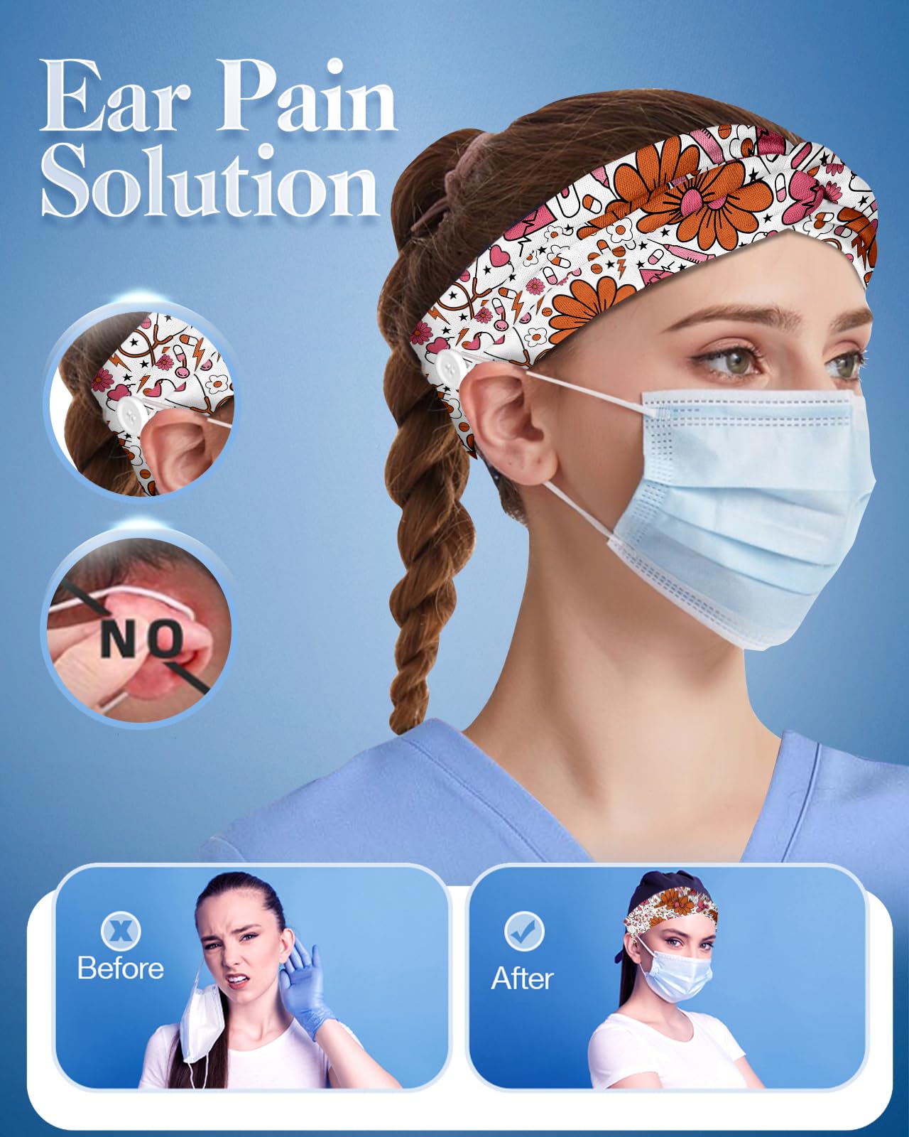 Plifal 4 x Krankenschwester-Stirnbänder für Frauen mit Knöpfen, rutschfest, niedlich, für Zahnärzte, Krankenpflege, schweißableitend, elastisch, breit, Turban, weiche Haarbänder, Zubehör für