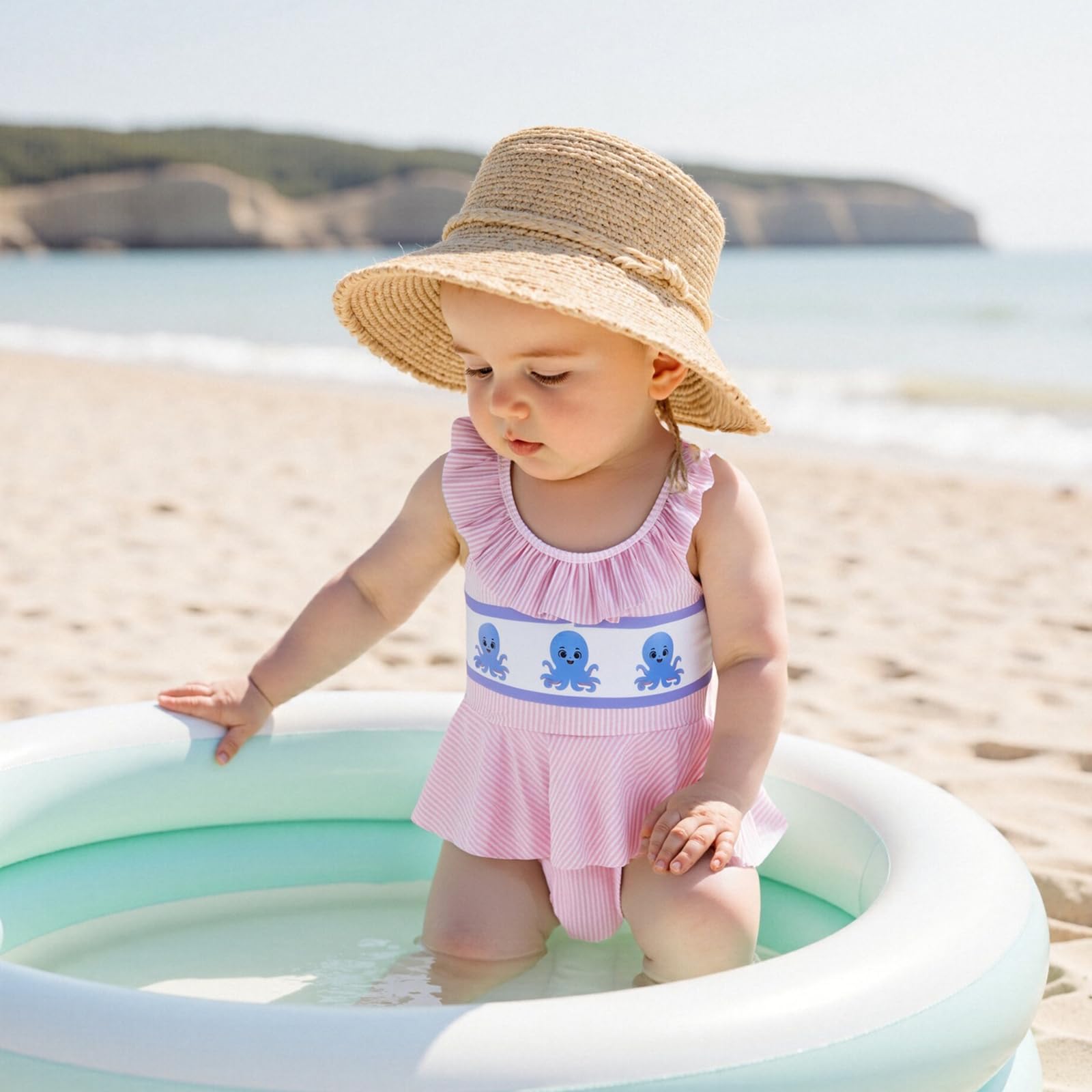 KMBANGI Toddler Baby Girl Octopus Swimsuit Baby Rash Guard One Piece Bathing Suit Sleeveless Halter Bikini Ruffle Shorts (Pink, 6-12 Months)