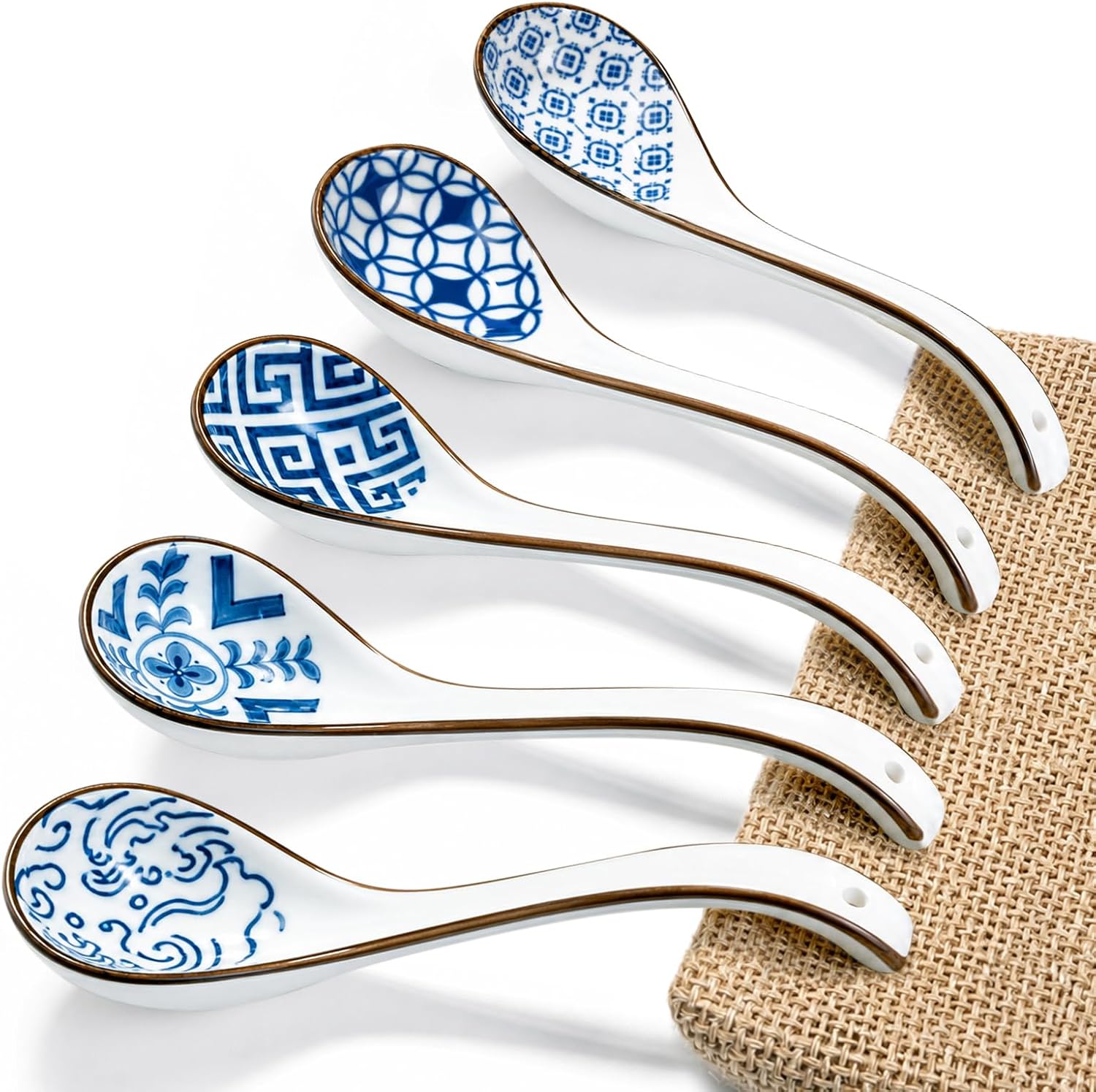 Raelitego 5Pcs Ceramic Asian Soup Spoons, Chinese Japanese Soup Spoons