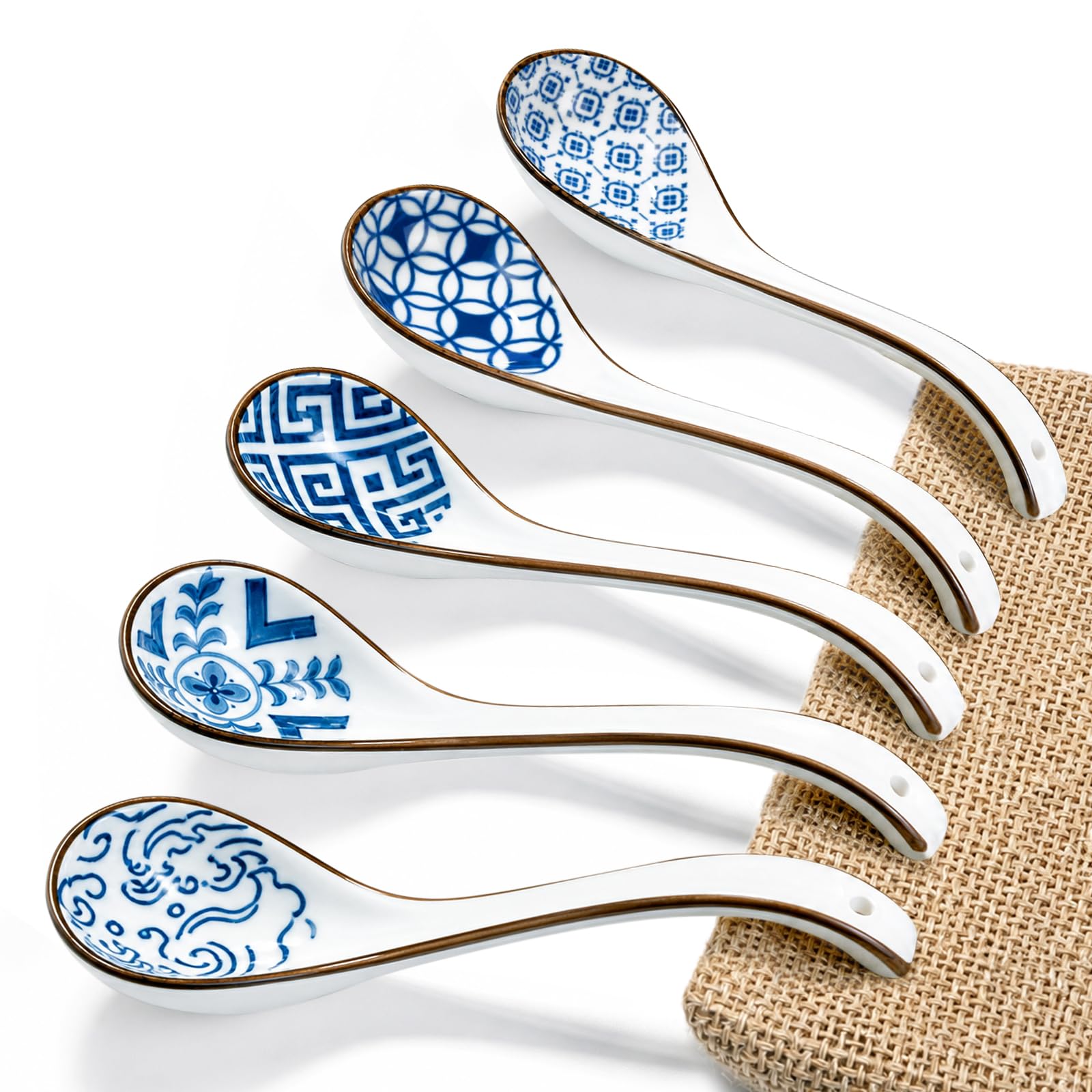 Raelitego 5Pcs Ceramic Asian Soup Spoons, Chinese Japanese Soup Spoons