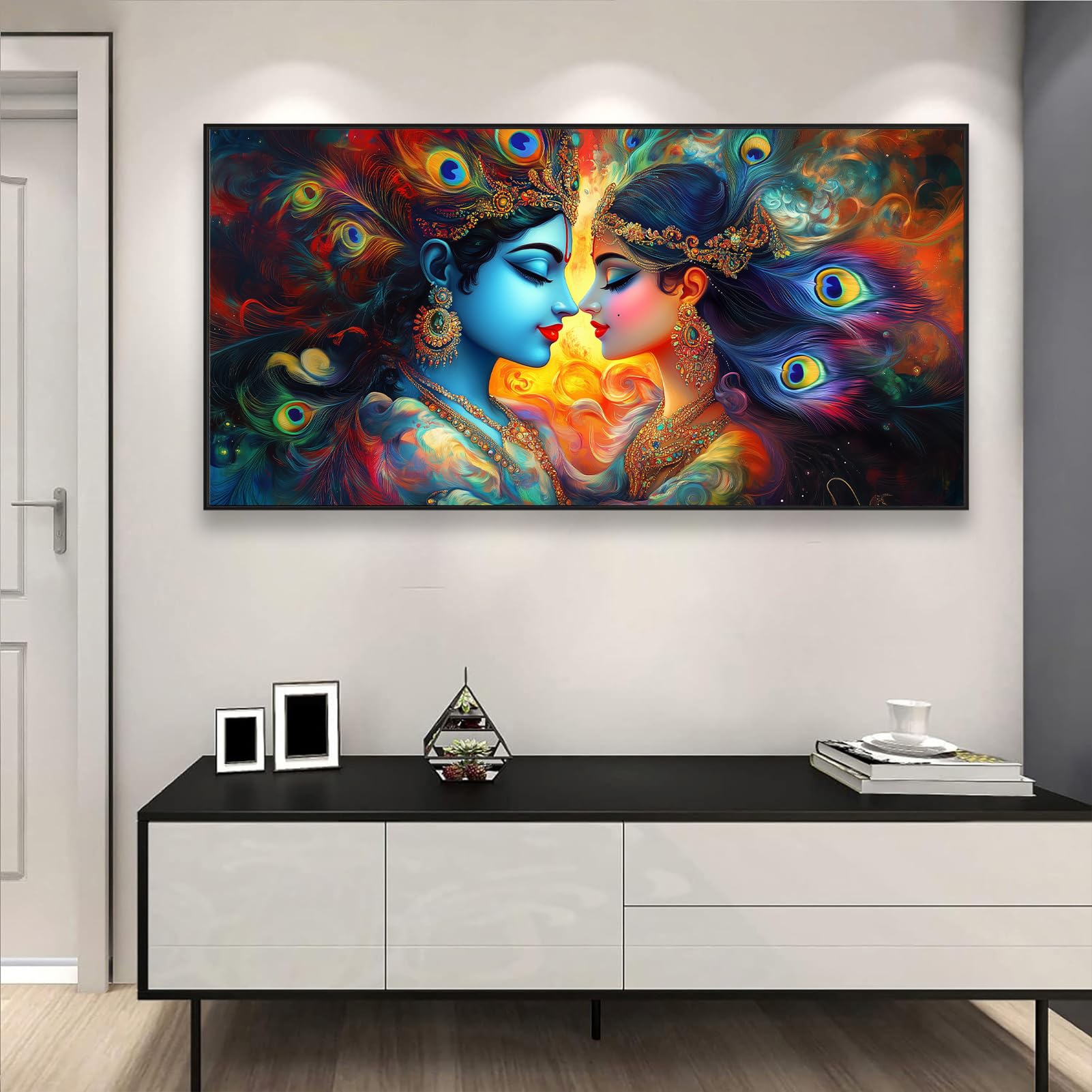 Radha Krishna Canvas Wall Art, Radha Krishna Hindu Gods Canvas Wall Art, Hinduism Cultural Canvas Wall Art, Radha Krishna Wall Decor, Krishna Wall Decor, Krishna Jhula (Black Framed, 31"x15"|80x40cm)