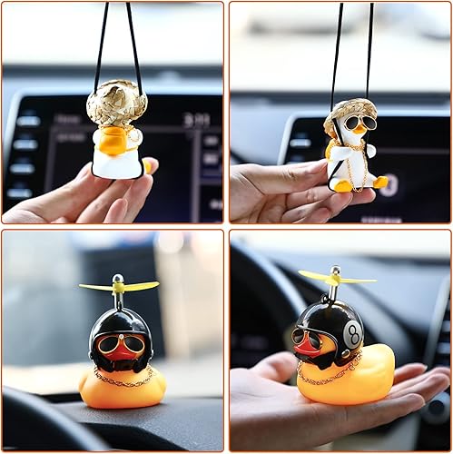 Miniatura 6 de Adorno de pato colgante y pato amarillo con casco de hélice para automóvil, decoraciones de goma para espejo retrovisor y tablero de control de