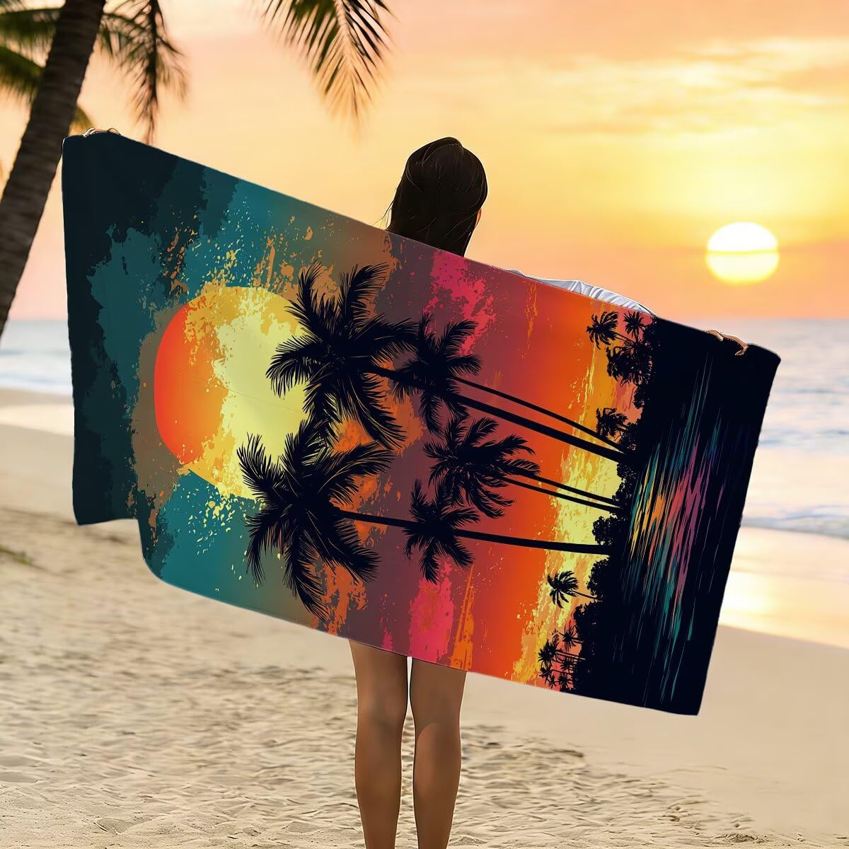 Telo Mare Microfibra, Telo Mare Grande 100x220cm 2 Pezzi, Asciugamano Palestra Donna Asciugatura Rapida, Antisabbia Asciugamano Microfibra, Leggero Asciugamani Palestra per Regalo (Tramonto) -4224