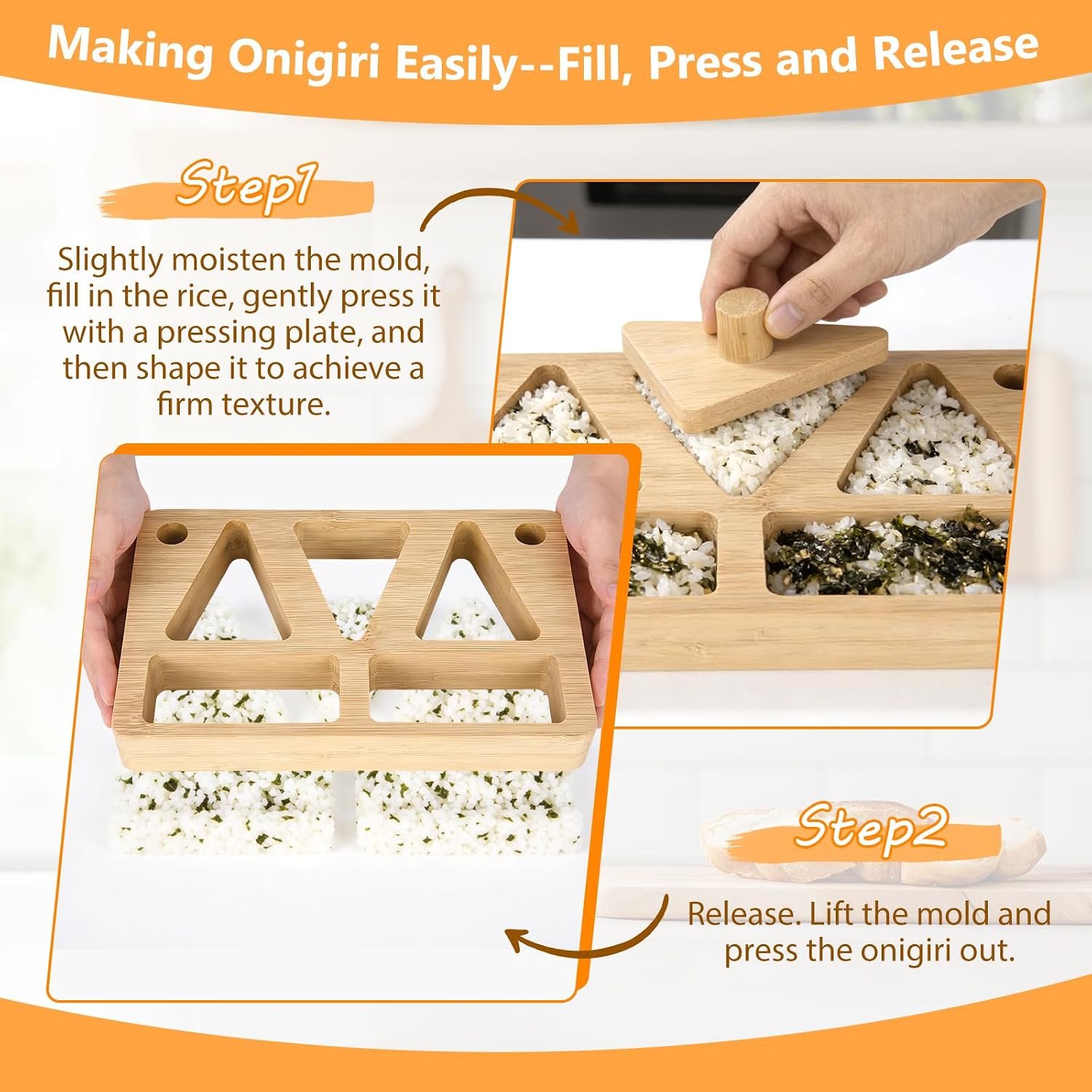 Bamboo Onigiri Maker Set - Triangle Rice Mold & Musubi Press Mold with Pressing Plate, Non-Stick Sushi Mold for Japanese Rice Balls, Professional Rice Molds for Bento Box, Kids Lunch & Home DIY image 5