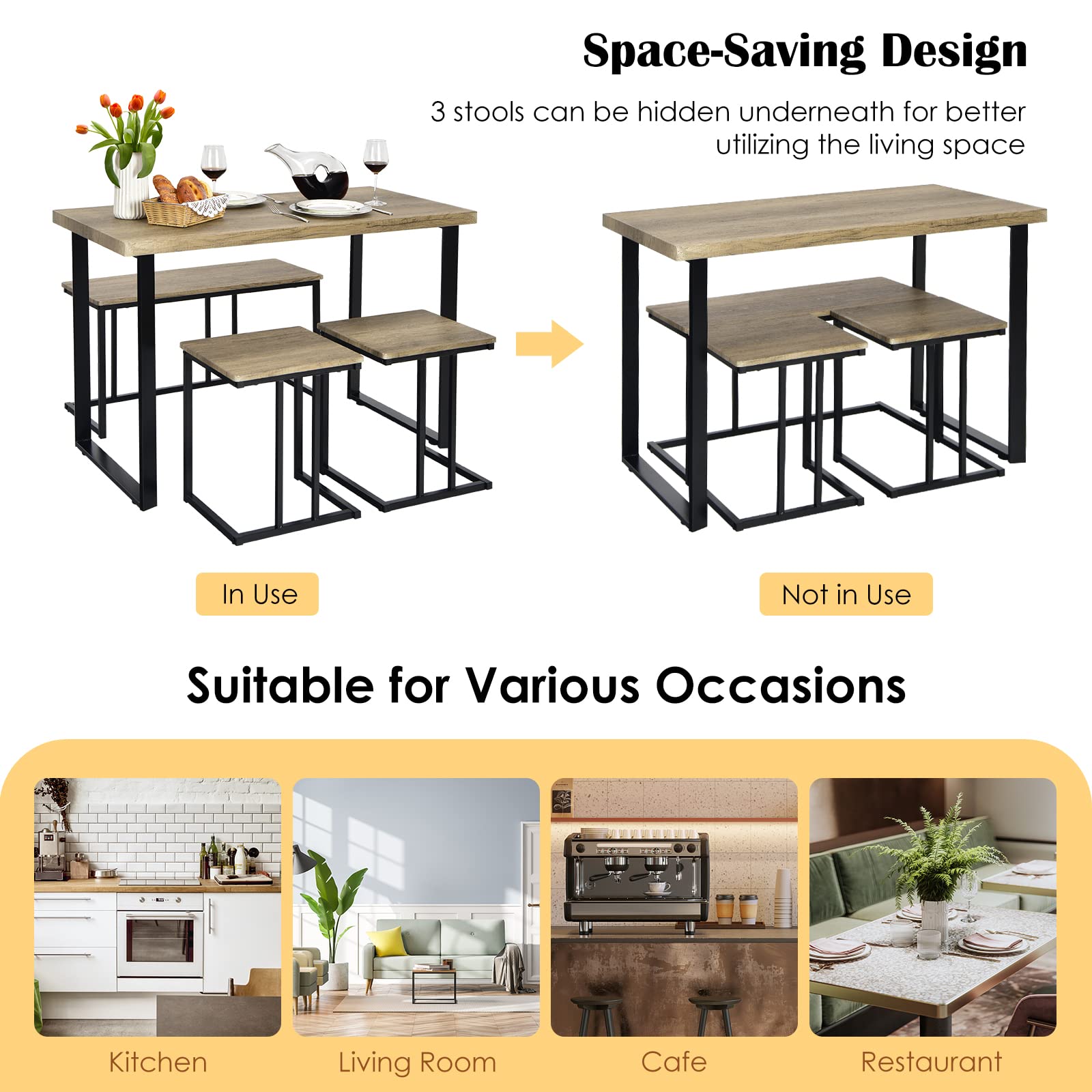 RELAX4LIFE Tavolo da Pranzo 4 Pezzi, Set Tavolo Cucina con Panca 2 Sgabelli, Tavolo da Bar con Struttura in Metallo, Gruppo Sedute per 4 Persone, Design Industriale, Rovere Grigio