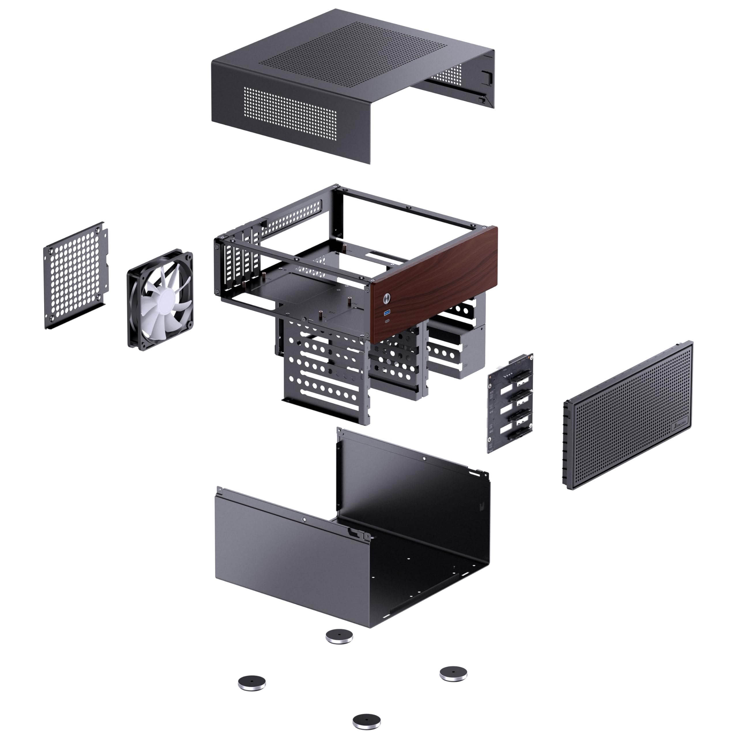 Jonsbo N4 NAS Gehäuse Schwarz – Kompaktes Micro-ATX Case für DIY-NAS, Platz für 6X 3,5" & 2X 2,5" HDDs, 4 Low-Profile-Slots, USB-C & USB-A, Holzdesign