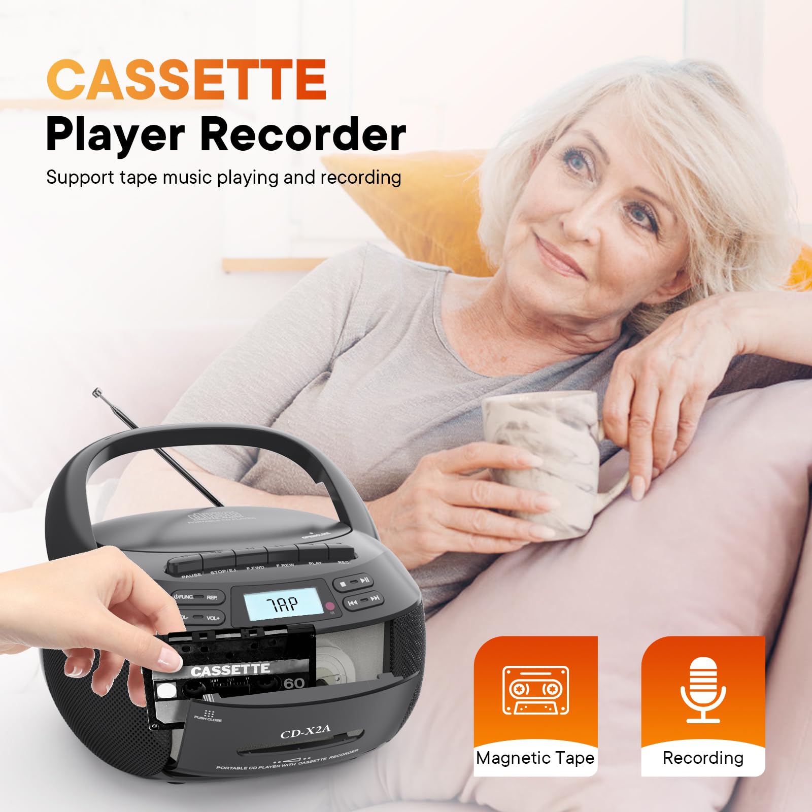 Lettore CD Boombox con Bluetooth, radio AM/FM, telecomando, suono stereo, AUX/USB, registrazione su nastro, alimentazione CA/CC, jack per cuffie, display LCD