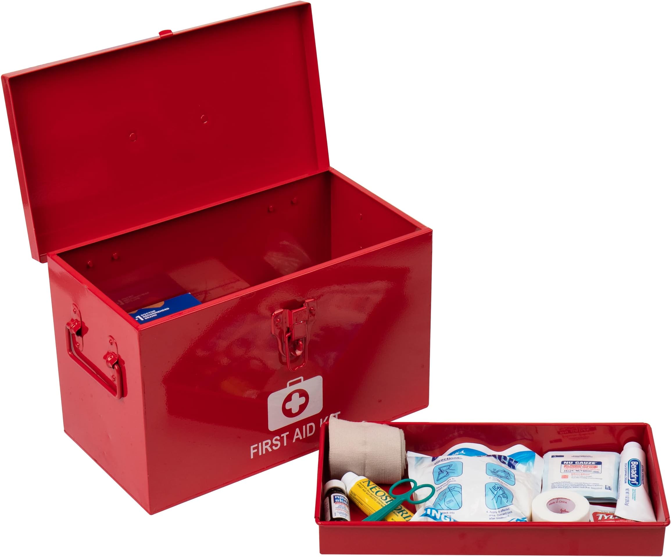 Mind Reader First Aid Box for Emergency Supplies & Medical Storage โ Vintage Metal with Buckle Lock, 13.25"L x 7"W x 8.25"H, Red