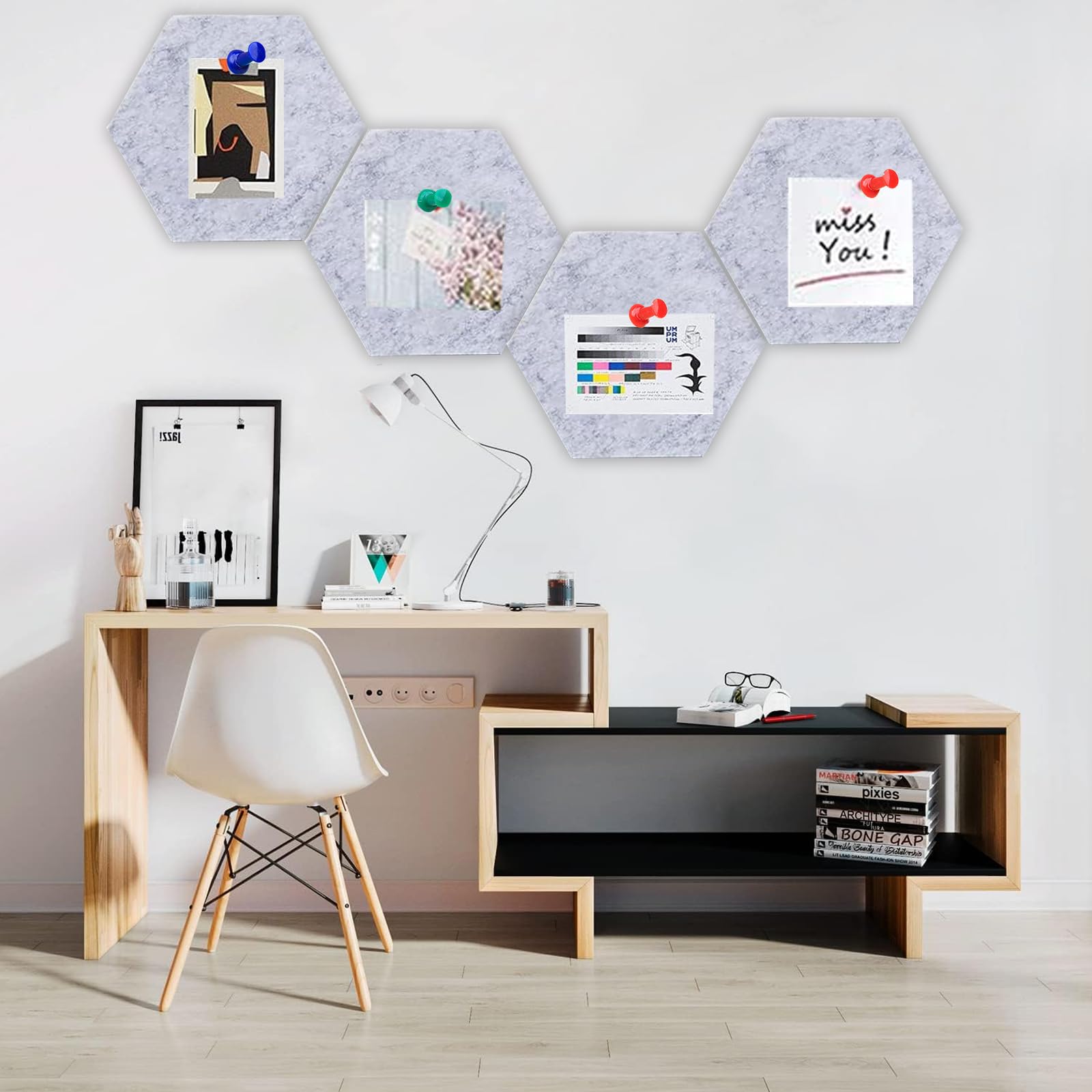 10 Piastrelle Bacheca In Sughero Esagonali - Autoadesive, 20x17.5 Cm, Con Spille, Per Foto E Note - Foto 8