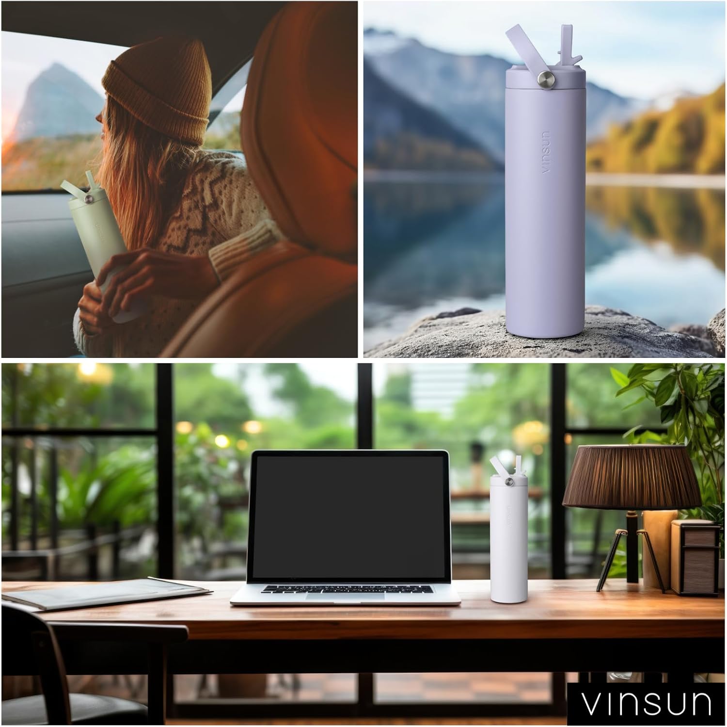 Vinsun Drinking Bottle Stainless Steel Purple 750 ml - Straw, Leak-Proof, Double-Walled Insulated, BPA Free - Lightweight Thermal Flask for Fitness, School, Office, Travel