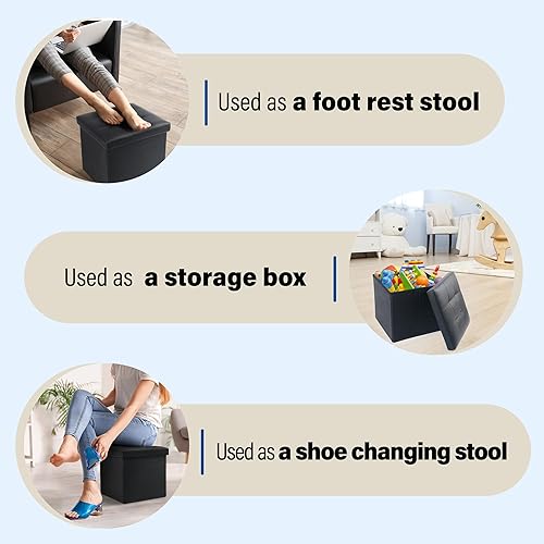 Miniatura 7 de LotFancy Otomana de almacenamiento, paquete de 2, taburete plegable para reposapiés, banco pequeño de cuero de 13 x 12 x 12 pulgadas con