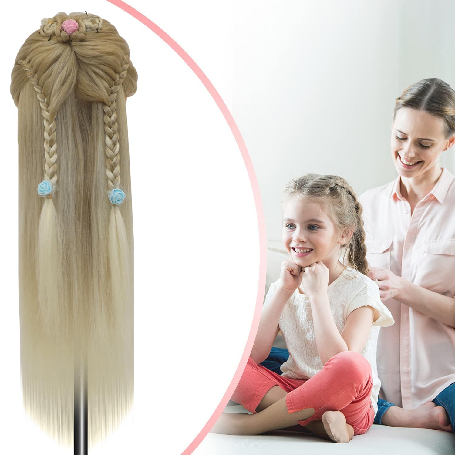 Cabeza Peluqueria, 28inch Cabeza maniquí Cabezal de peluquería de Fibra 100% sintética con Soporte + Accesorios de Peinado DIY (27-613)