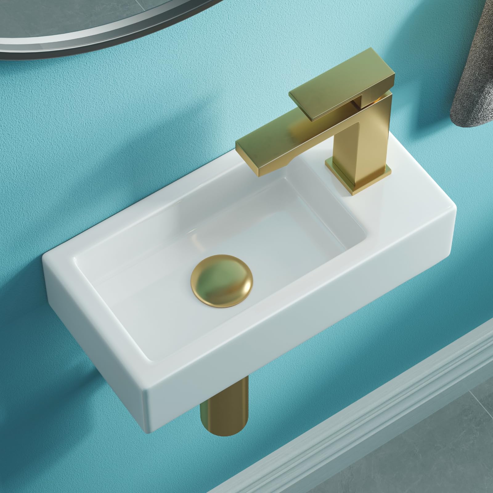 Teal Home Lavabo, lavabo piccolo, lavabo per ospiti, bagno, mini lavabo in ceramica, foro per rubinetto destro, Senza valvola di scarico pop-up, 37 x 18,5 x 9 cm | Lavabo sospeso da bagno, mini lavandino in ceramica, lavello da appoggio, bianco, 37 x 18,5