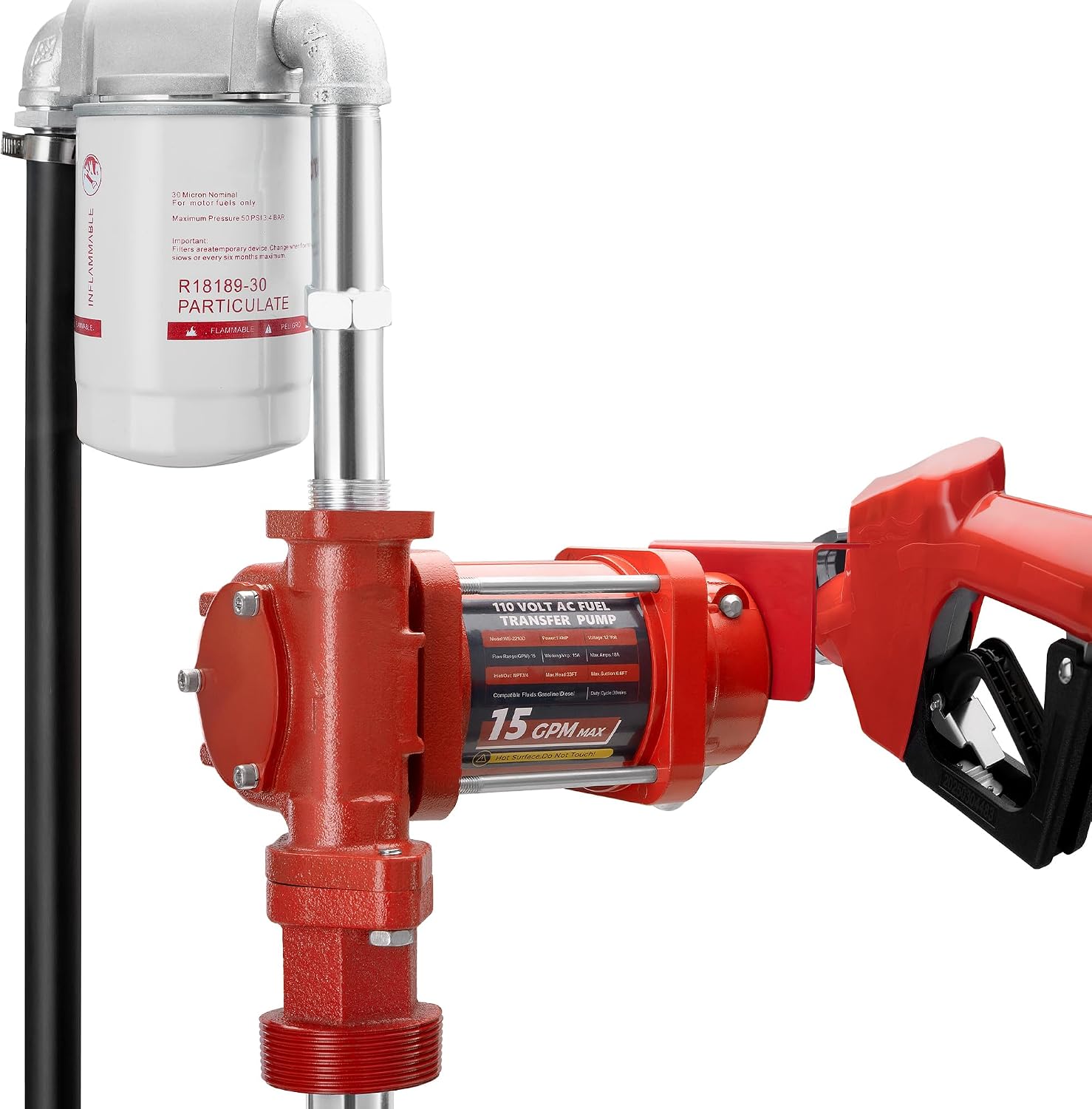 110V AC 15 GPM Fuel Transfer Pump with Discharge Hose, Automatic Nozzle, Premium Filter Package, Suitable for Gasoline, Diesel, Kerosene, Ethanol & Methanol Blends