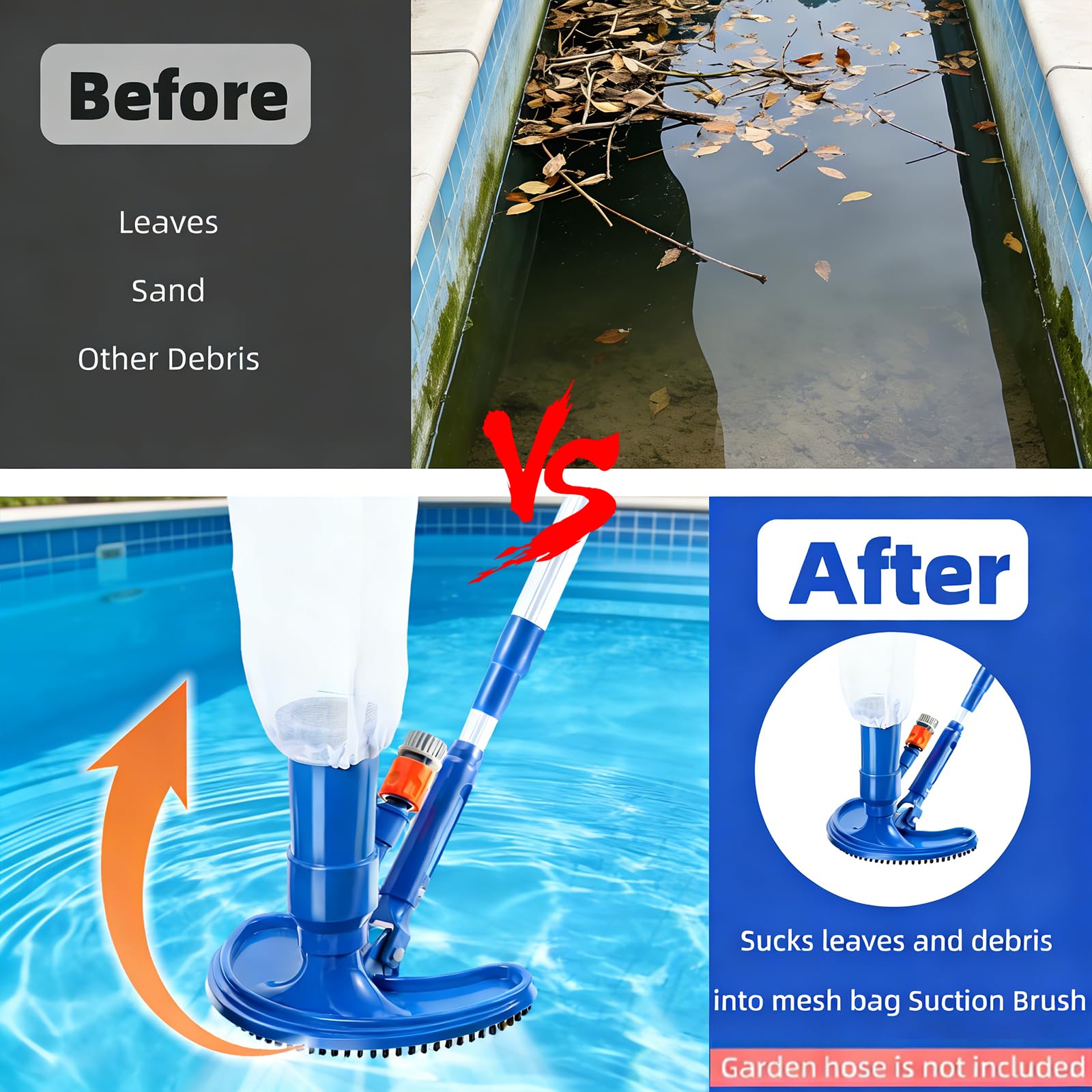 Kit de nettoyage de piscine - Aspirateur portable à jet - Kit d'entretien de piscine avec tige télescopique réglable - Brosse à récurer et filet de skimmer - Pour le nettoyage des feuilles, de la