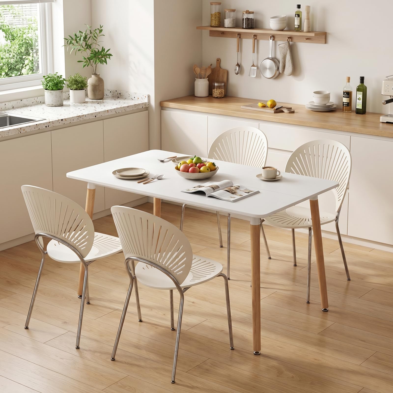 H.J WeDoo Rechteckig Esstisch Küchentisch Buchenholz für 4 Stühle Esszimmertisch Tisch mit Holzbein MDF Weiß 110 x 70 x 75 cm(Nur Tisch)