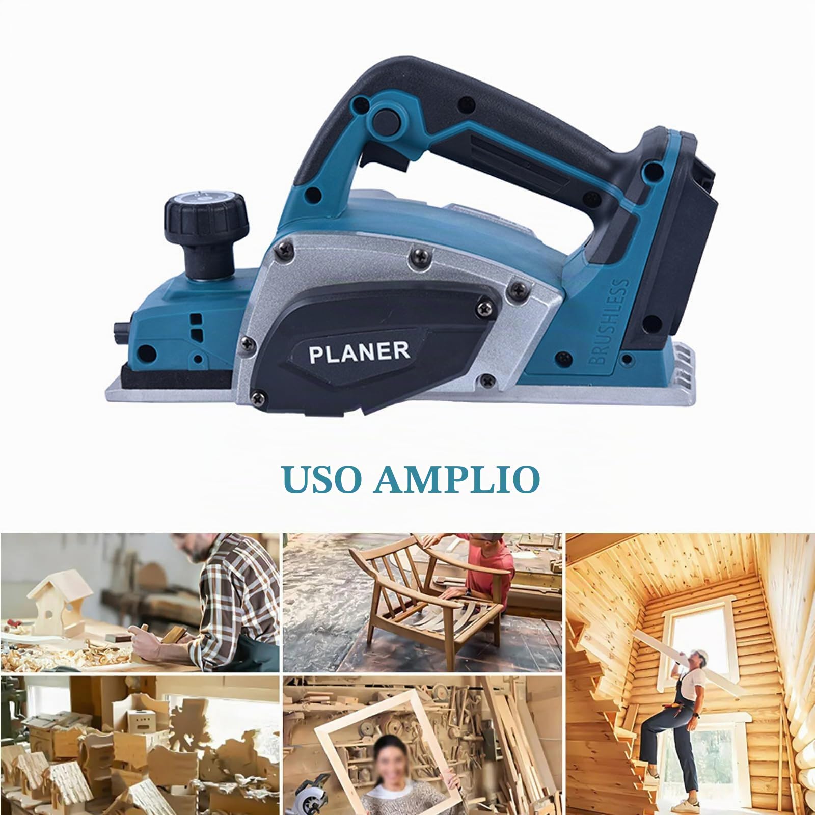 Cepillo de Madera Eléctrico Inalámbrico compatible con Makita 18V batería, 15000 rpm, Motor sin Escobillas, Profundidad Ajustable de 0-2 mm para Trabajos Carpintería DIY