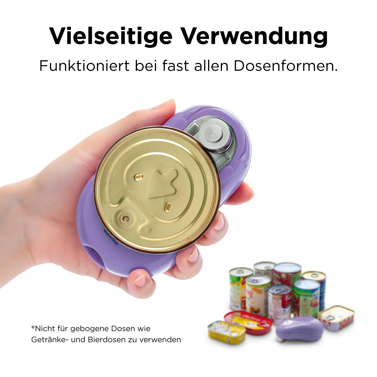 Elektrischer Dosenöffner One-Touch von Kitchen Mama: Öffnen Sie Dosen einfach per Knopfdruck – automatisches Anhalten nach getaner Arbeit, ergonomisch, glatter Rand, lebensmittelecht (Lila)