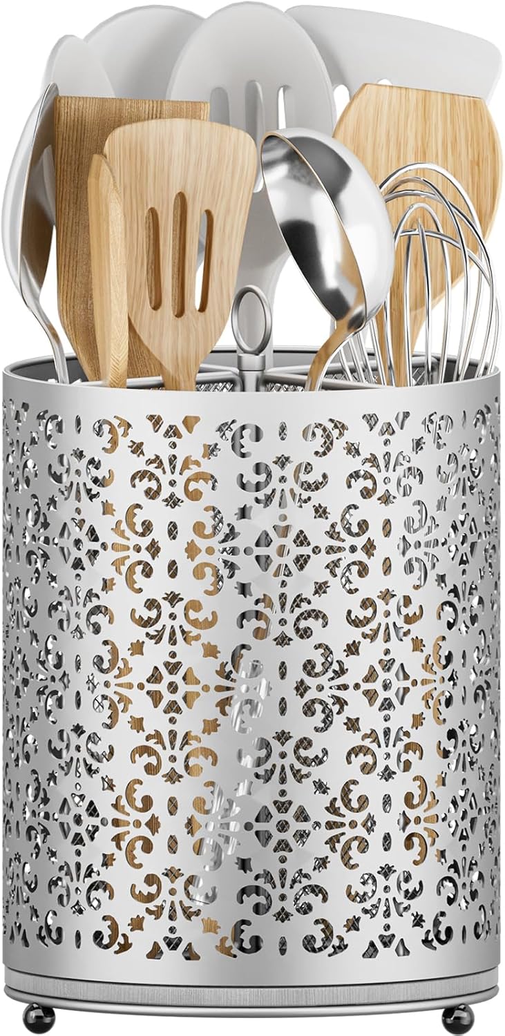 extra large utensil holder - 360° rotating cooking utensils caddy countertop organizer with instant-dry and removable base for kitchen tools silver