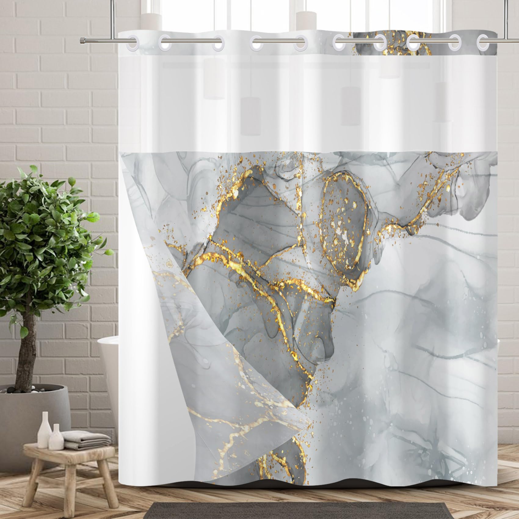 Ttincceer Hook-less Shower Curtain with Snap in Fabric Liners Grey Gold Marble No Hooks Shower Curtains Waterproof Luxury Double Layer Bathroom Curtain with See Through Top Window 71x86inch