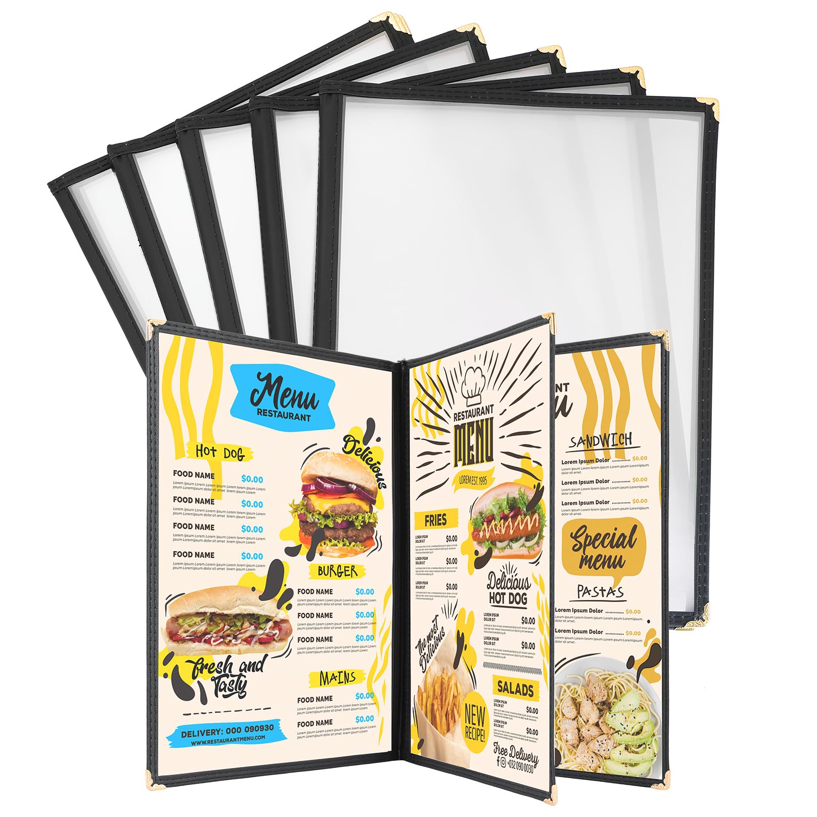 DASBET Copertine per menù A4, 3 pagine e 6 visualizzazioni, trasparenti, colore nero, con protezioni angolari in metallo, adatte per ristoranti, bar, caffè (5, 3 pagine, 6 visualizzazioni)