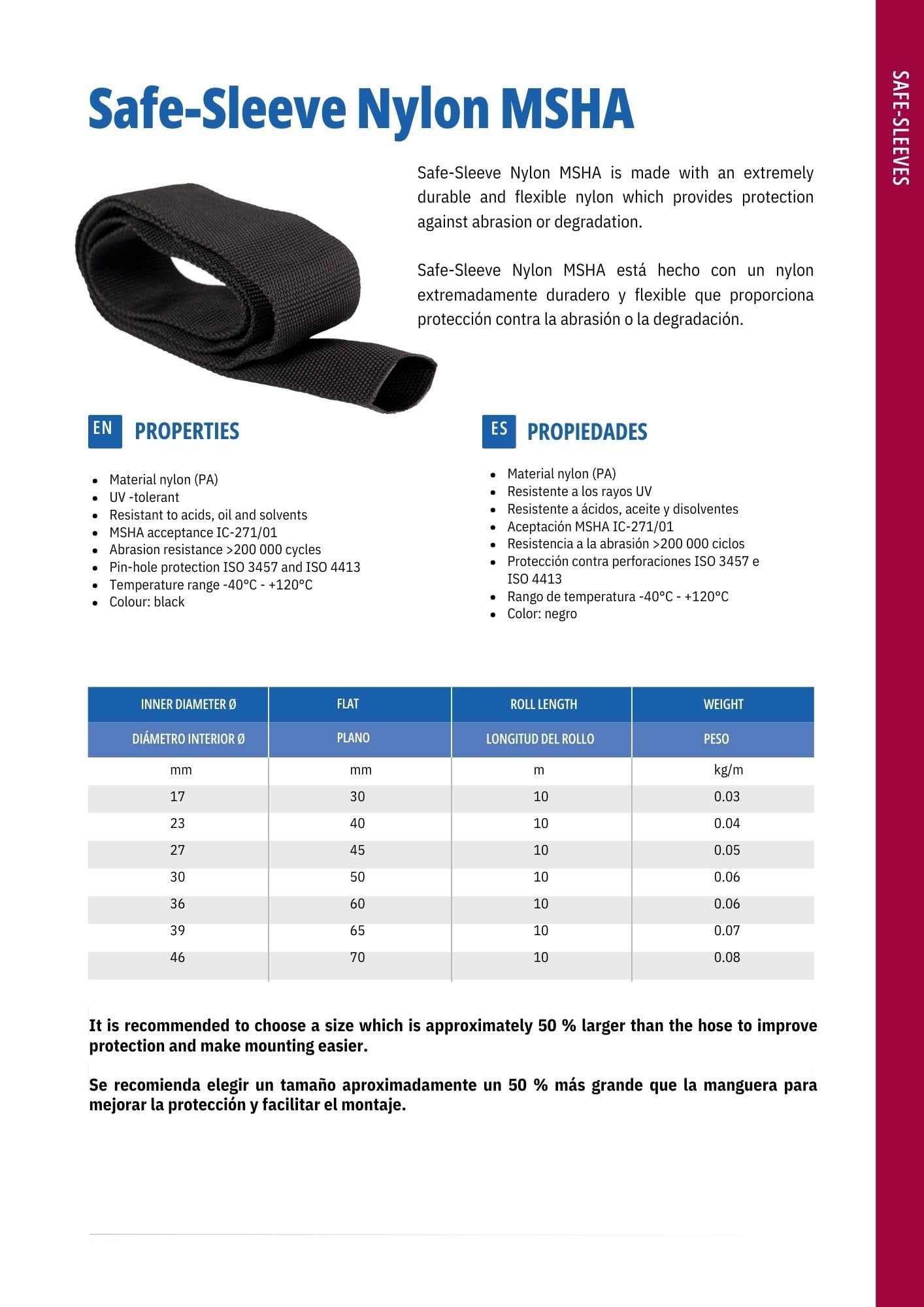 Safe-Sleeve Nylon MSHA - protección de Manguera hidráulica (27 mm de diámetro, 10 m), protección Textil para Cables, Color Negro