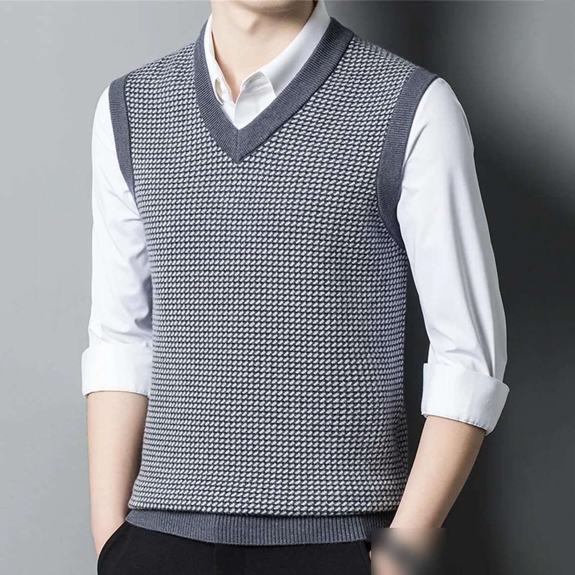 Chaleco de punto grueso con cuello redondo para hombre, suéter sin mangas clásico de negocios
