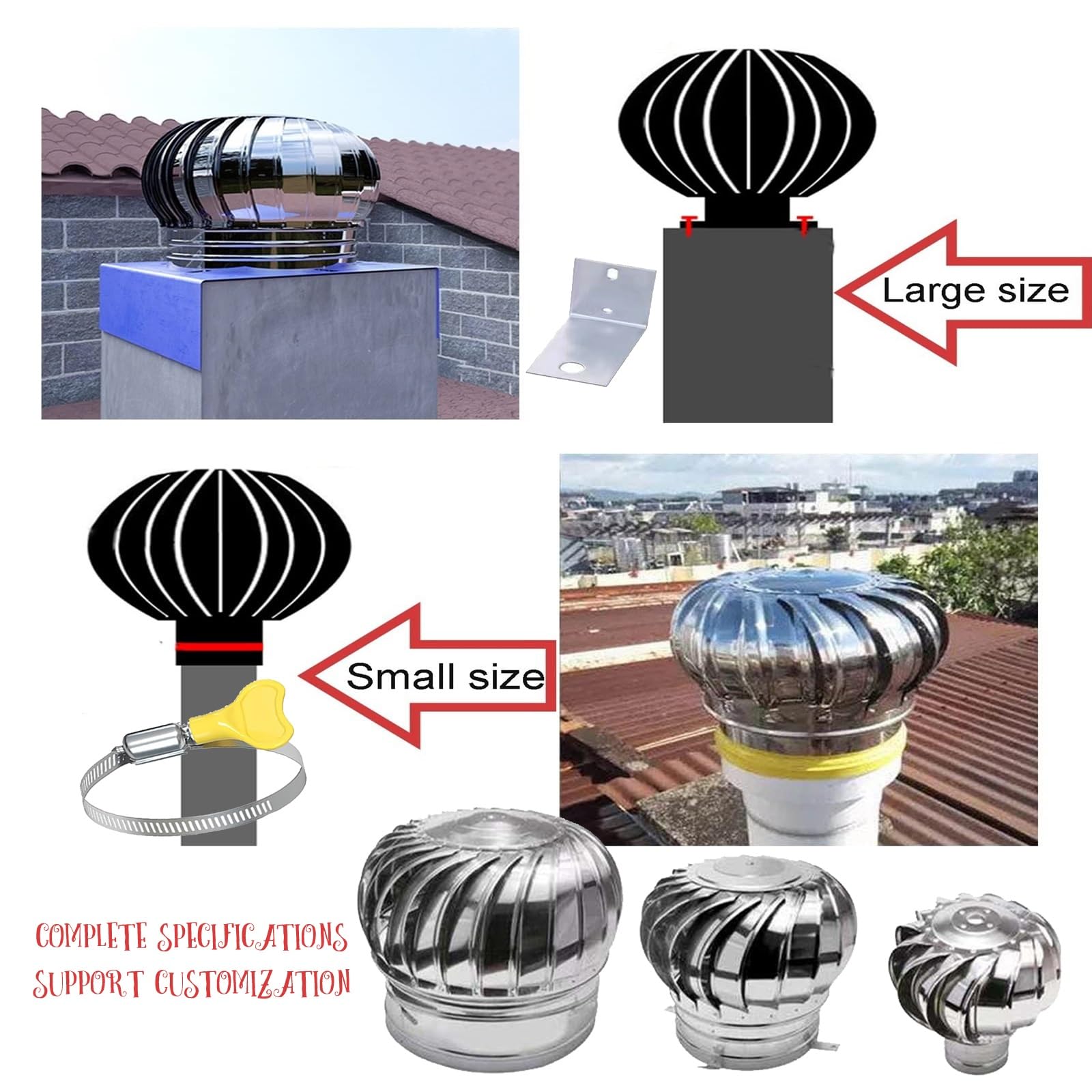 Grille D'Aération Ronde en Acier Inoxydable Extracteur De FuméE,Extracteur Fumées Rotatif,Ventilation Capot Grenier Ferme,Tournant Rotatif AntisDescendeur Chapeau (Size : 150mm/5.91in)