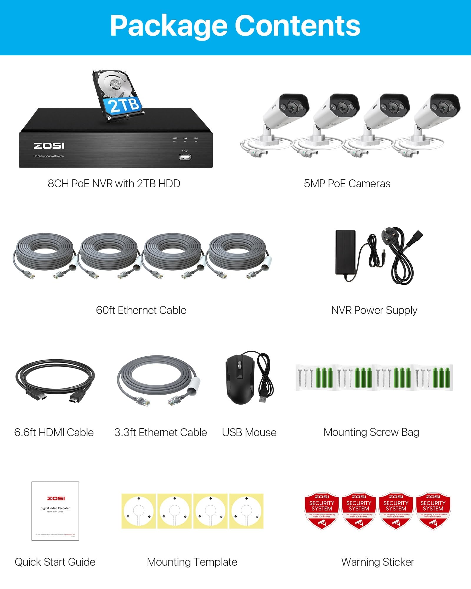 ZOSI 5MP Kit Videosorveglianza PoE Esterno, 8CH 4K NVR con 2TB HDD, 4x 5MP Telecamera PoE, AI Rilevamento di Persone e Veicoli, Audio Bidirezionale, Visione Notturna a Colori, C182