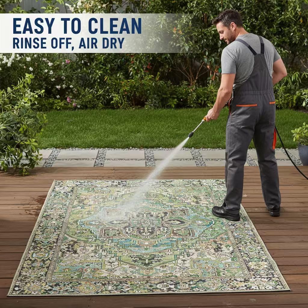 Beige Green Oriental Antique Waterproof 7x12 Outdoor Rug for Patio Balcony Garden Backyard Porch Camping Washable Non Slip Outside Carpet