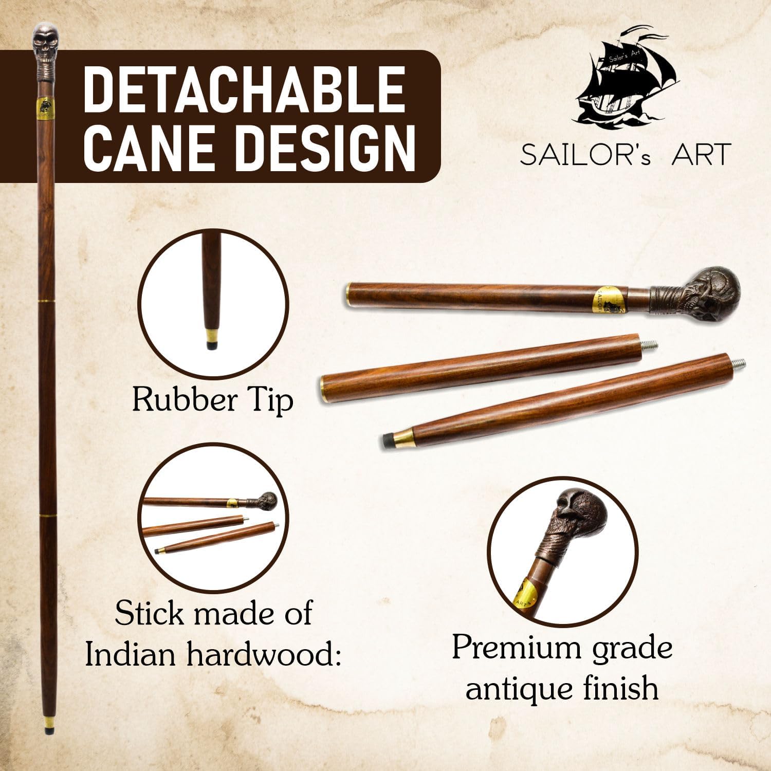 Sailor's Art Antique Aluminium Skeleton Wooden Cane - Walking Stick with Skull Knob Handle for Old Age People - Vintage Home Decor - Detachable Cane