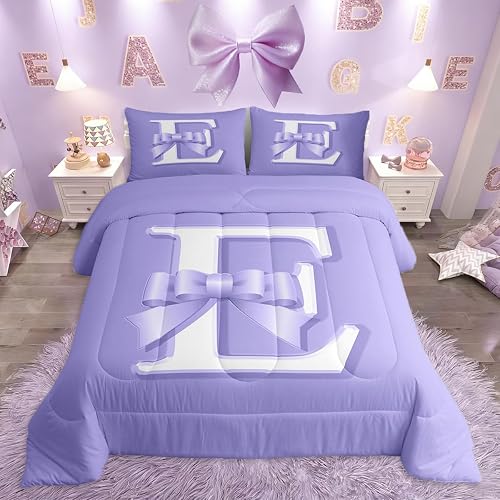 jejeloiu Kids Girls Purple Bow Comforter Set Queen Size Monogrammed Bedding