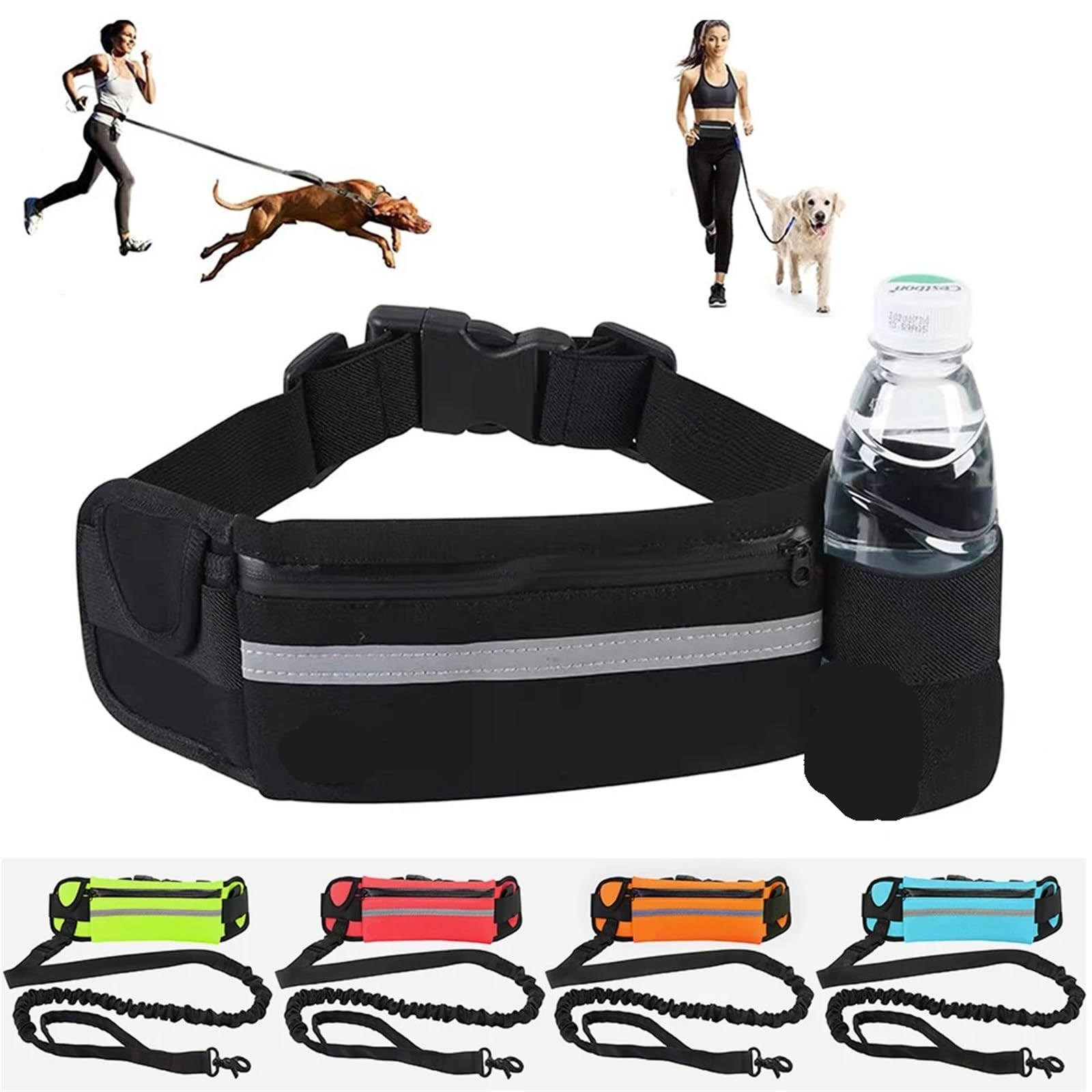 Correa de Cintura for Perros, Correa de Nailon for Mascotas con riñonera, cinturón elástico retráctil y Hebilla de Cuerda de tracción for Perros. para Correr, Paseo(Black)
