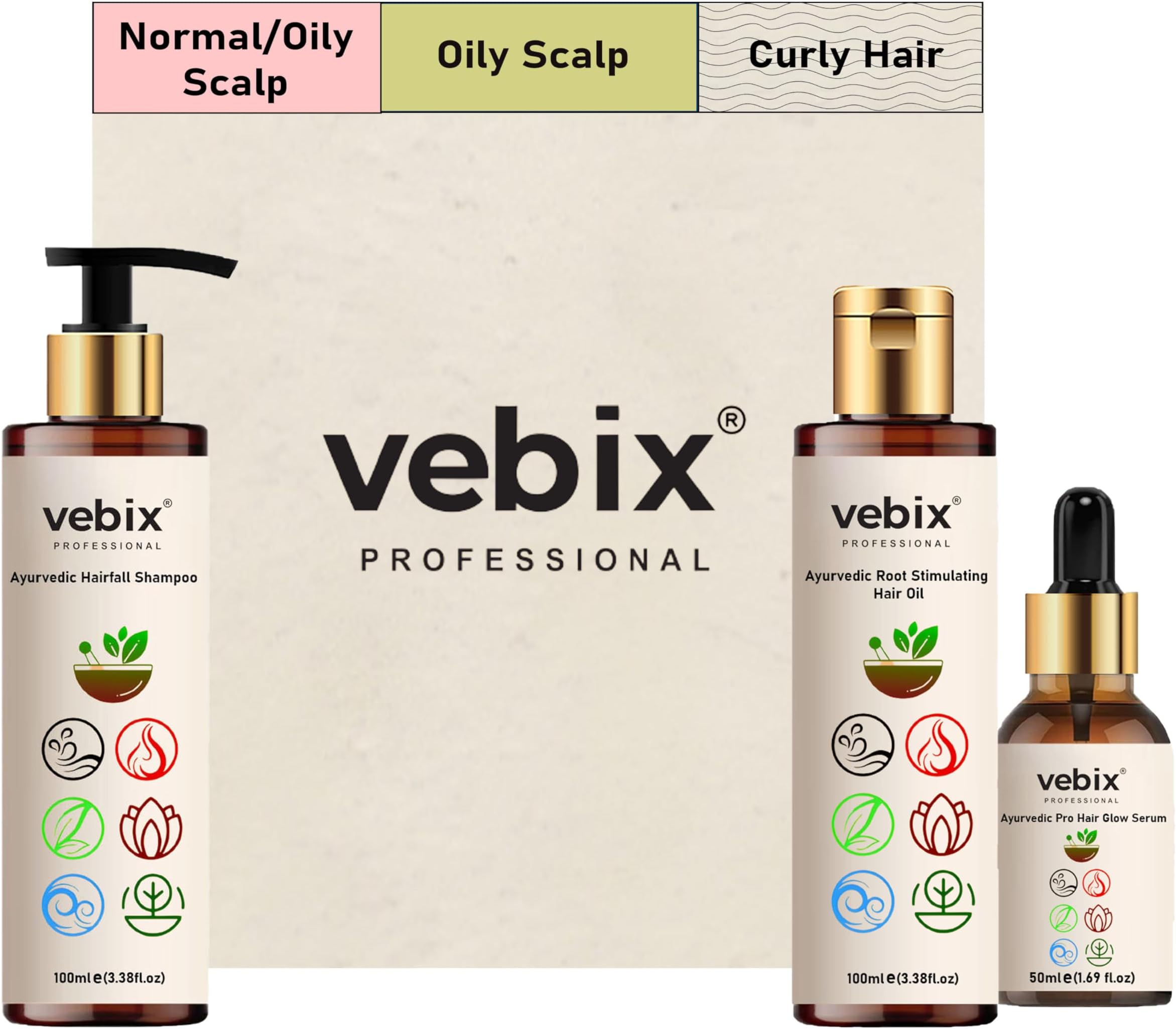 Vebix Professional Customised Regimen New Launch HairCare - Ayurvedic 3 Product Kit - HairFall Control Lotus AntiHairfall Shampoo + Neem AntiHairFall Oil & Hair Growth Serum (250ml)