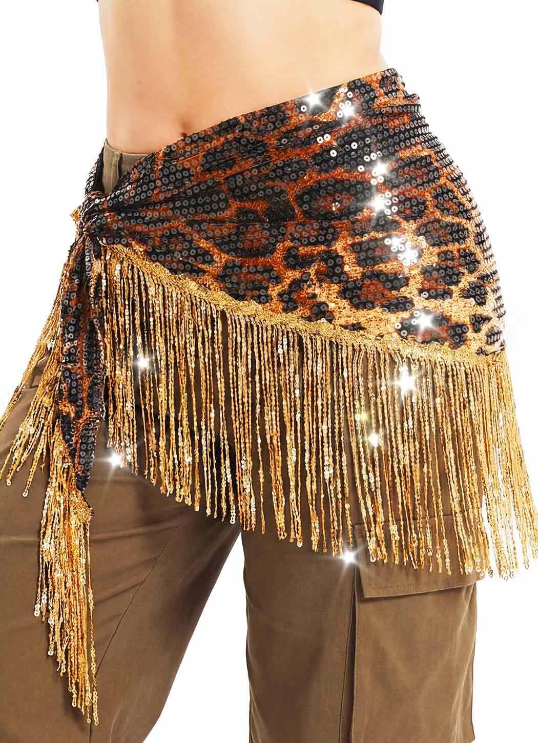 TWINKLEDE Belly Dance Hip Scarf Latin Sequin Leopard Fringe Wrap Skirt for Women
