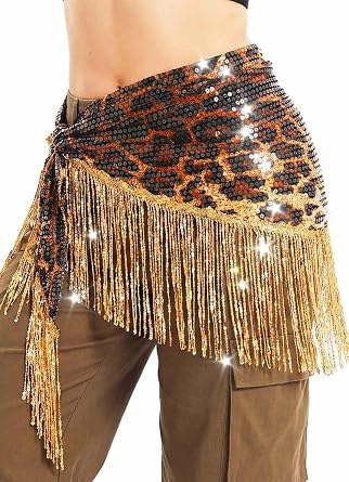 TWINKLEDE Belly Dance Hip Scarf Latin Sequin Leopard Fringe Wrap Skirt for Women