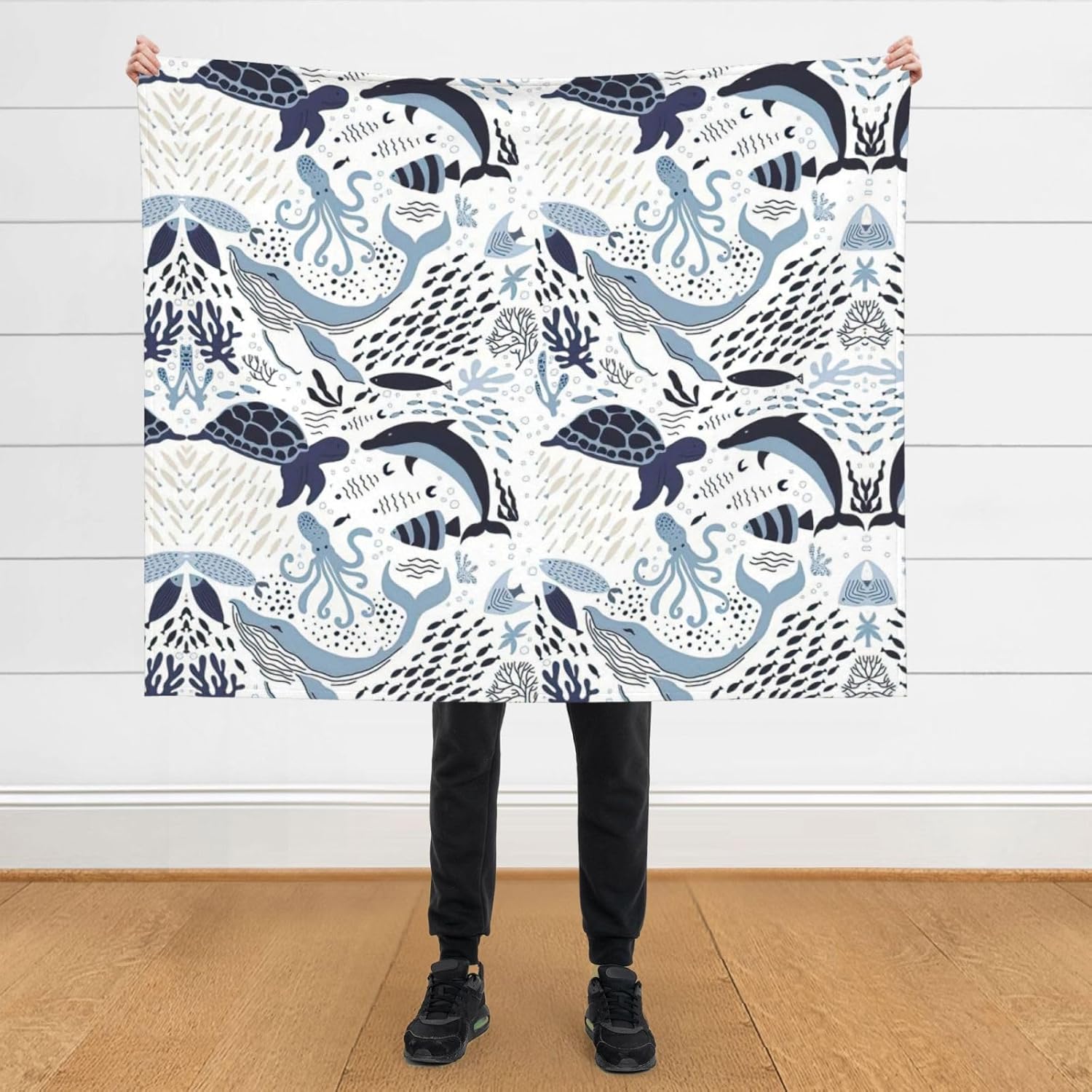 Turtle Octopus Pattern Ocean Theme Print Cozy Soft Blankets Warm 50x60 in Lightweight Blanket for Camping Travel