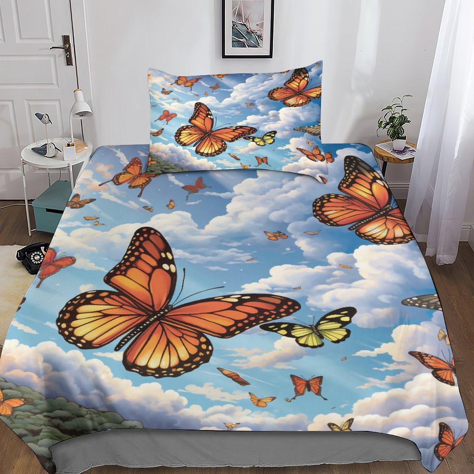 Housse de couette papillon 135x200cm avec taies d'oreiller pour lit enfant