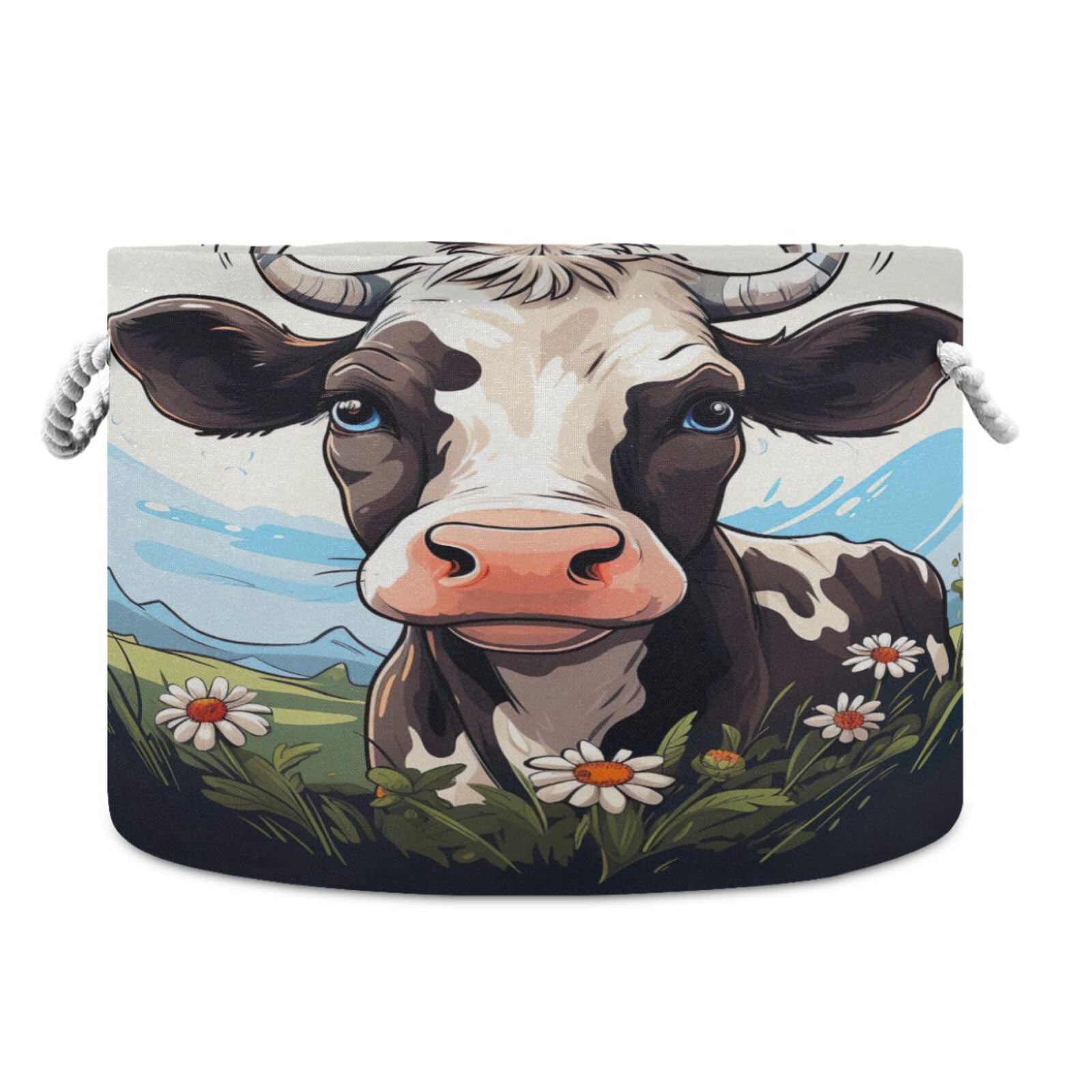 Round Cute Black and White Cow Flower Storage Basket Large Organizer Bin Laundry Hamper Toy Storage Basket with Handle for Nursery Clothes Toys 202b4888