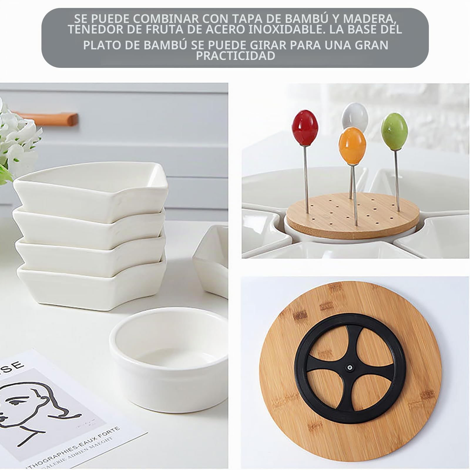 bandeja aperitivos con tapa, juego de 6 fuentes + bandeja giratoria de bambú + tapa de bambú + tenedor de fruta, 6 fuentes de porcelana blanca y una bandeja de bambú (29 x 29 x 5 cm)