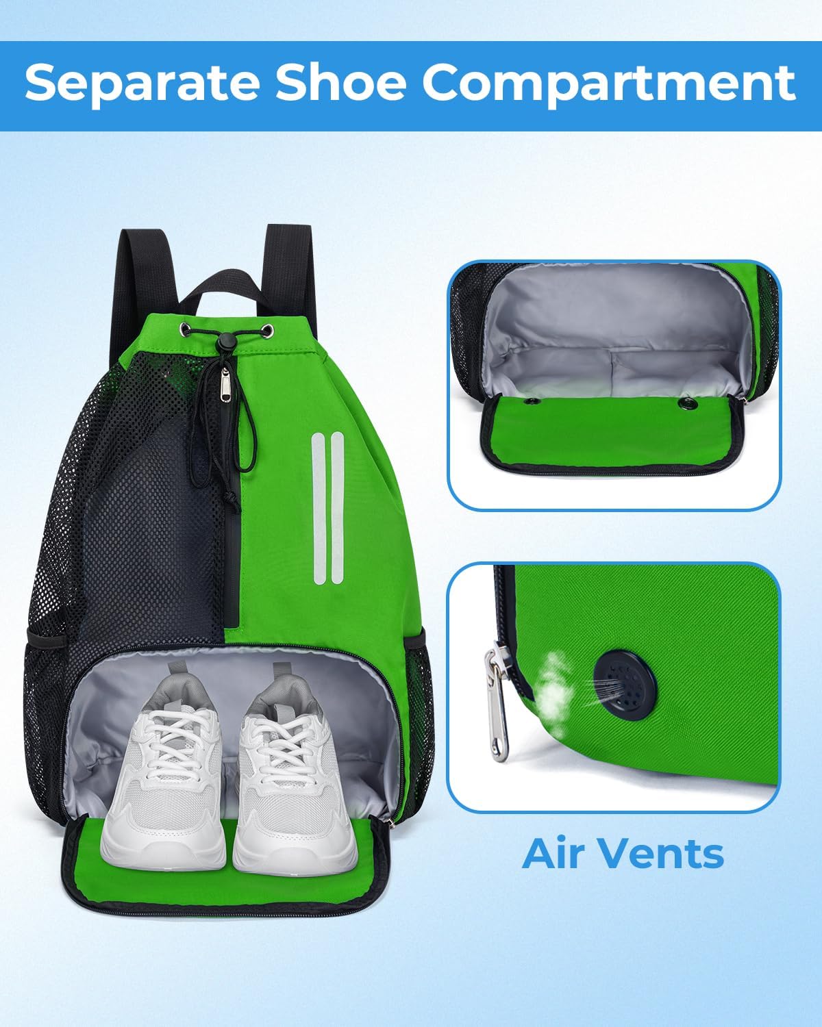 Swim Bag Drawstring Backpack with Shoe Compartment & Wet Pocket (Green)